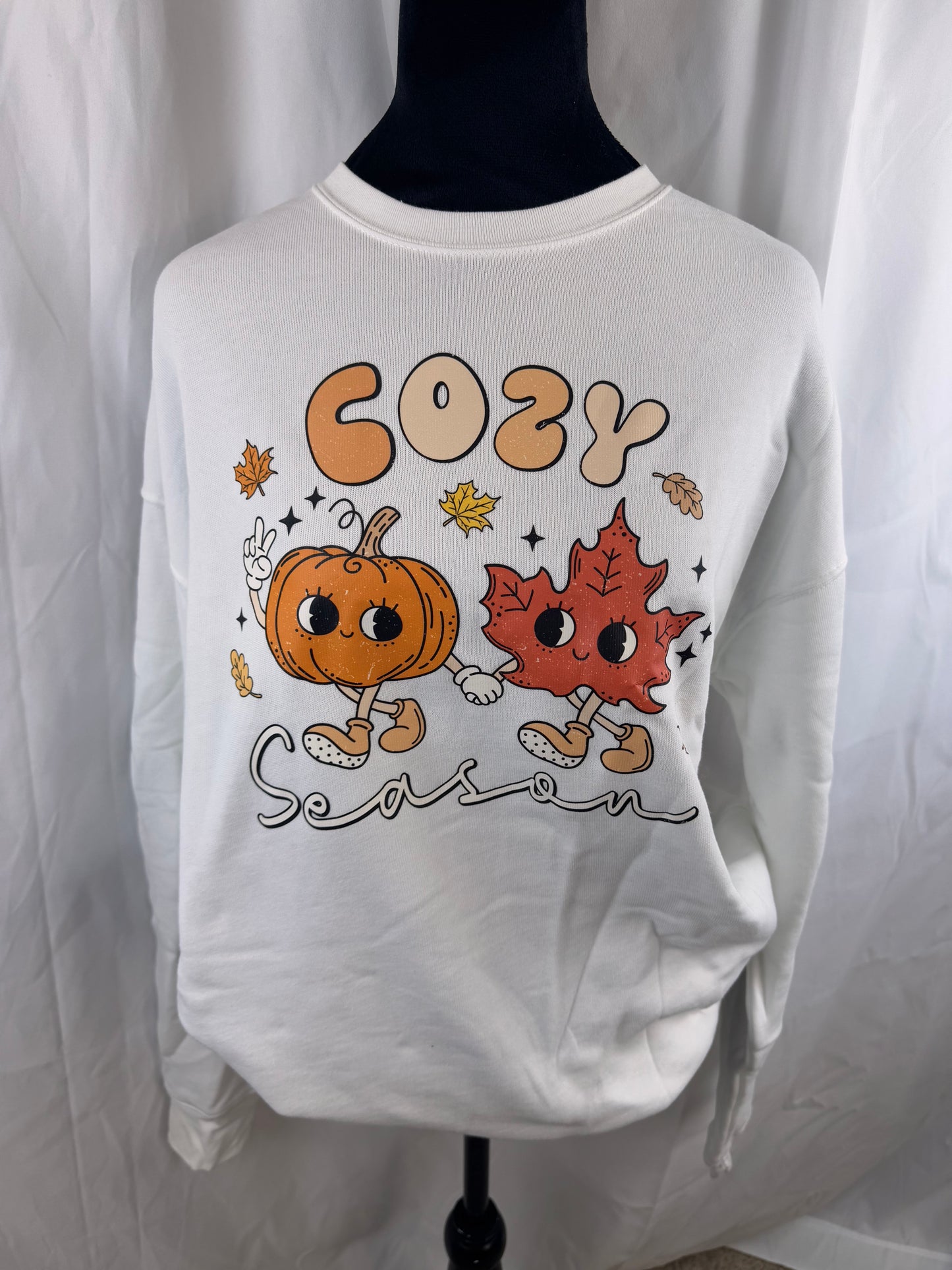 Cozy Soft White Sweatshirt, Cozy Season with Pumpkin and Fall Leaves Design, Graphic Tees, DTF Sweatshirt