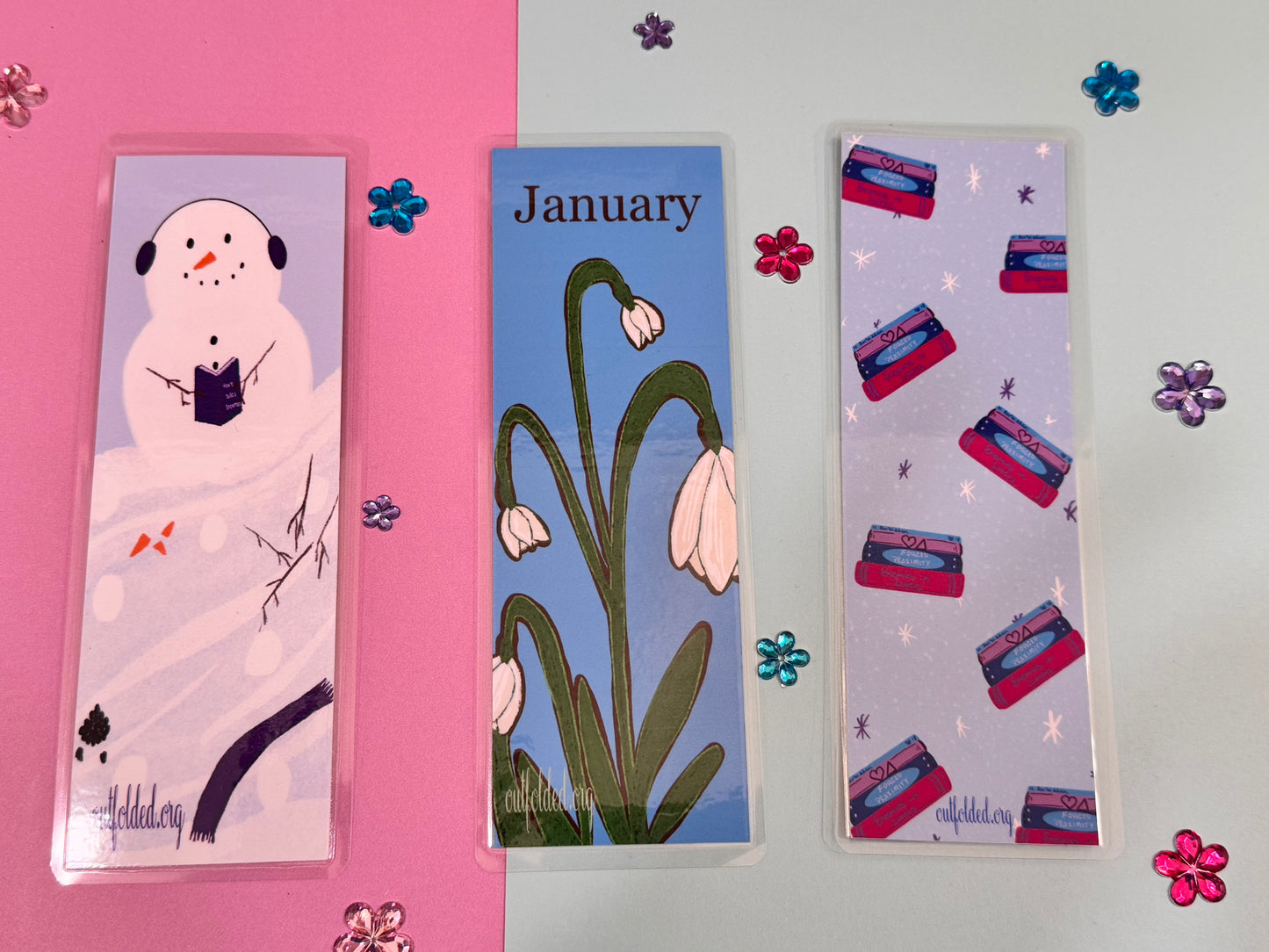 January Monthly Bookmarks, January Birth Flower - Snowdrops, Building A Snowman, Book Tropes - Winter Edition