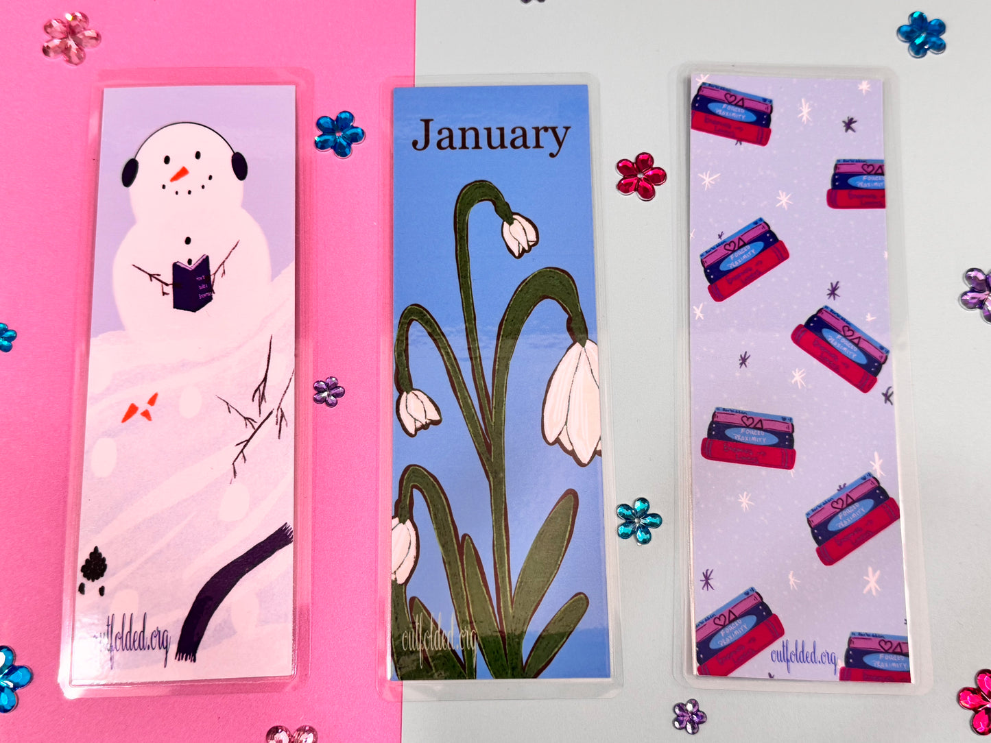 January Monthly Bookmarks, January Birth Flower - Snowdrops, Building A Snowman, Book Tropes - Winter Edition
