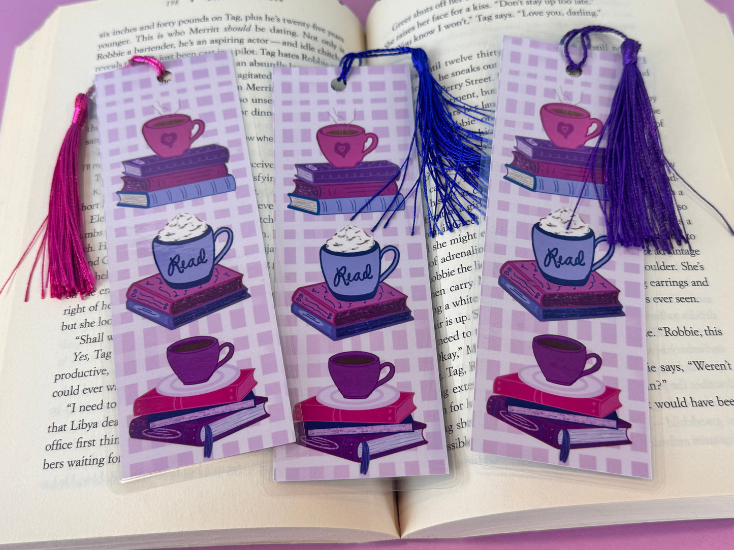 Coffee and Books Laminated Bookmark - Page Saver With Tassel - Pretty Gingham Style Bookmark - Stack of Books for Coffee Lover