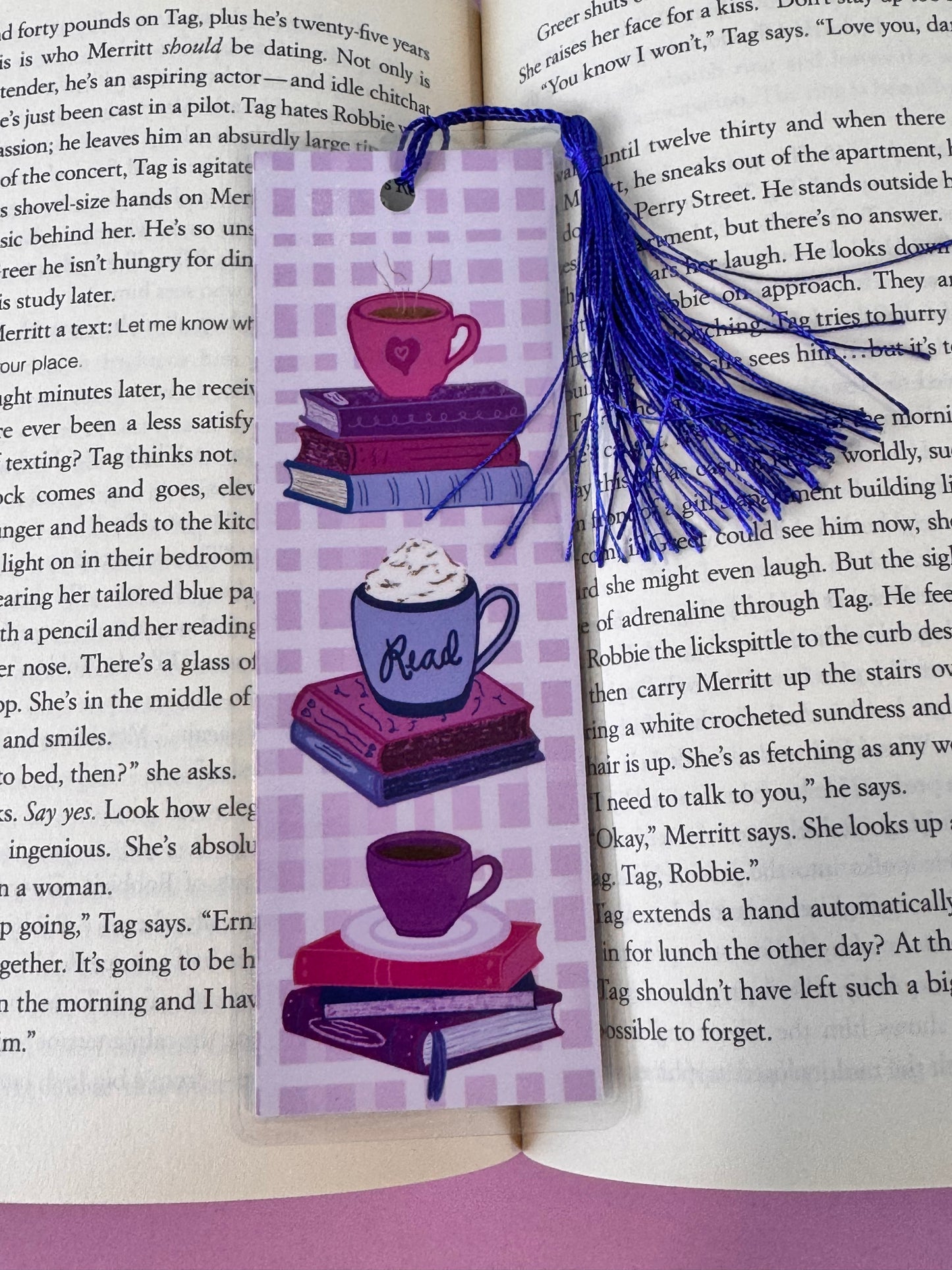 Coffee and Books Laminated Bookmark - Page Saver With Tassel - Pretty Gingham Style Bookmark - Stack of Books for Coffee Lover
