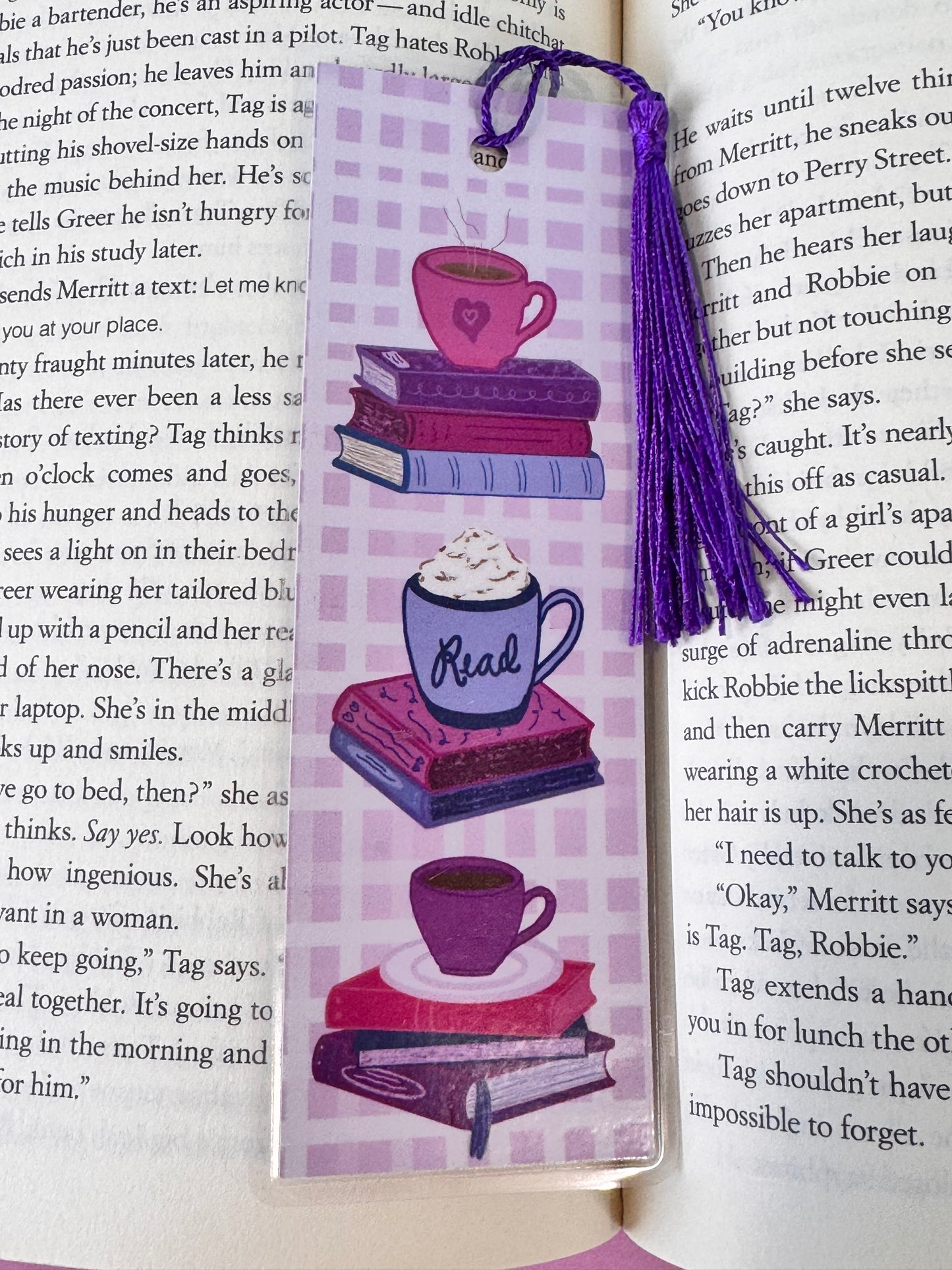 Coffee and Books Laminated Bookmark - Page Saver With Tassel - Pretty Gingham Style Bookmark - Stack of Books for Coffee Lover