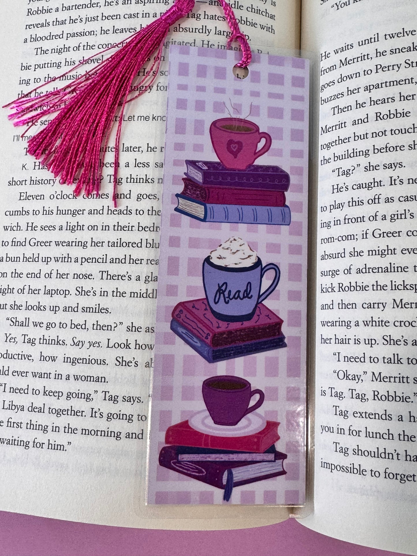 Coffee and Books Laminated Bookmark - Page Saver With Tassel - Pretty Gingham Style Bookmark - Stack of Books for Coffee Lover