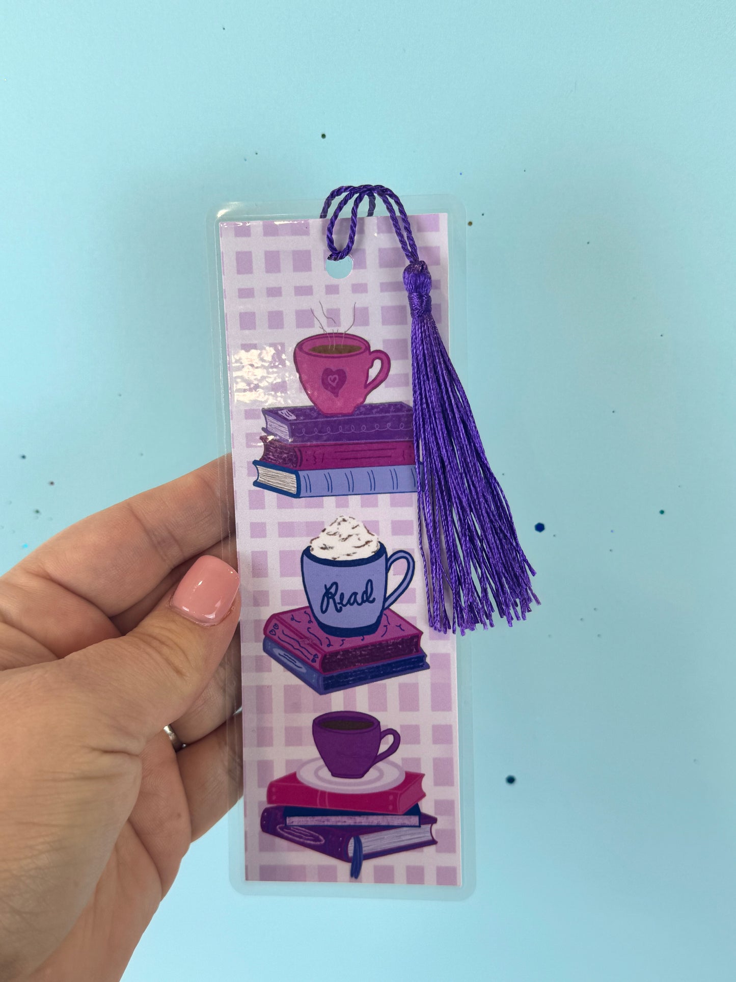 Coffee and Books Laminated Bookmark - Page Saver With Tassel - Pretty Gingham Style Bookmark - Stack of Books for Coffee Lover