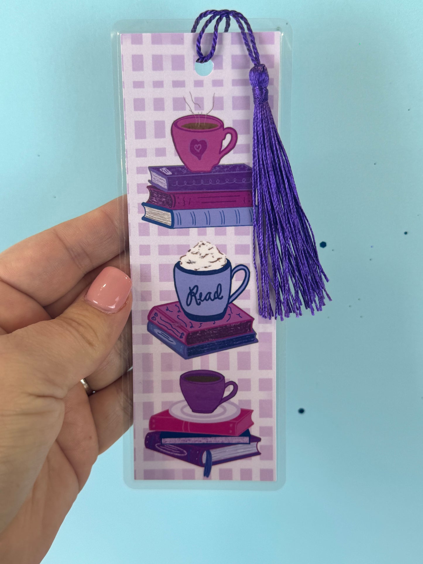 Coffee and Books Laminated Bookmark - Page Saver With Tassel - Pretty Gingham Style Bookmark - Stack of Books for Coffee Lover