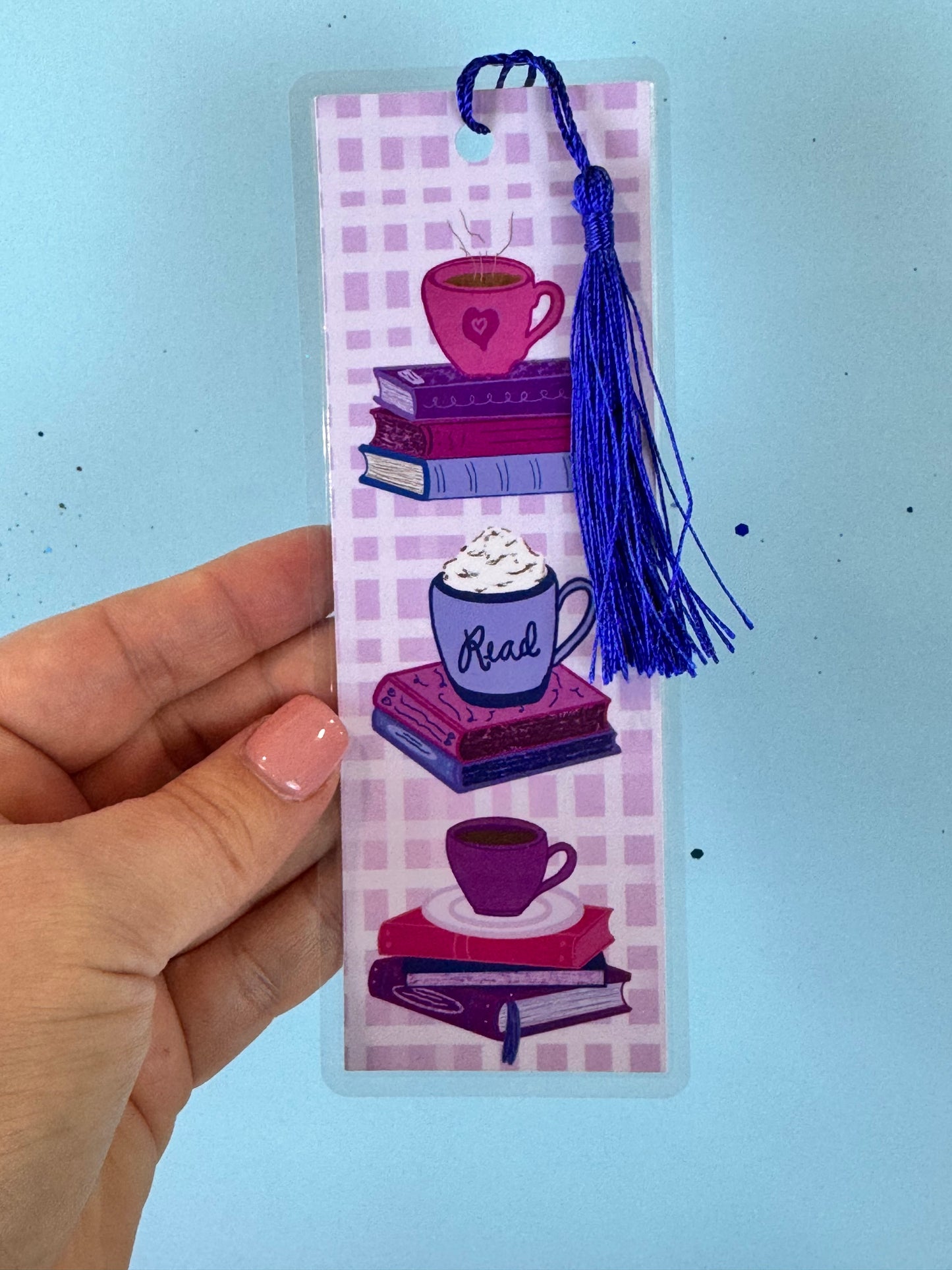 Coffee and Books Laminated Bookmark - Page Saver With Tassel - Pretty Gingham Style Bookmark - Stack of Books for Coffee Lover