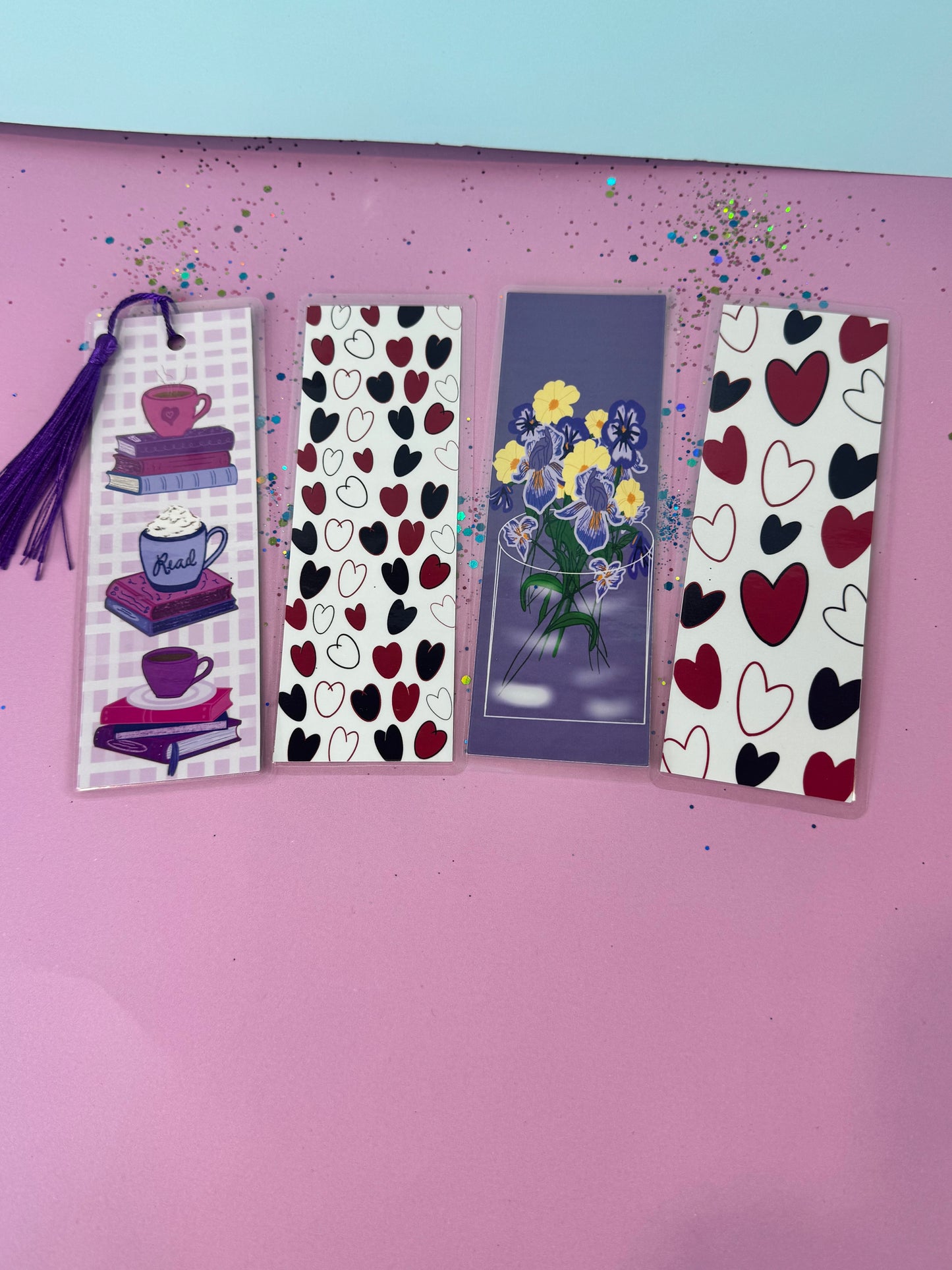 February Monthly Bookmarks - February Birth Flowers - Books and Coffee - Red and Black Hearts - Set of 4