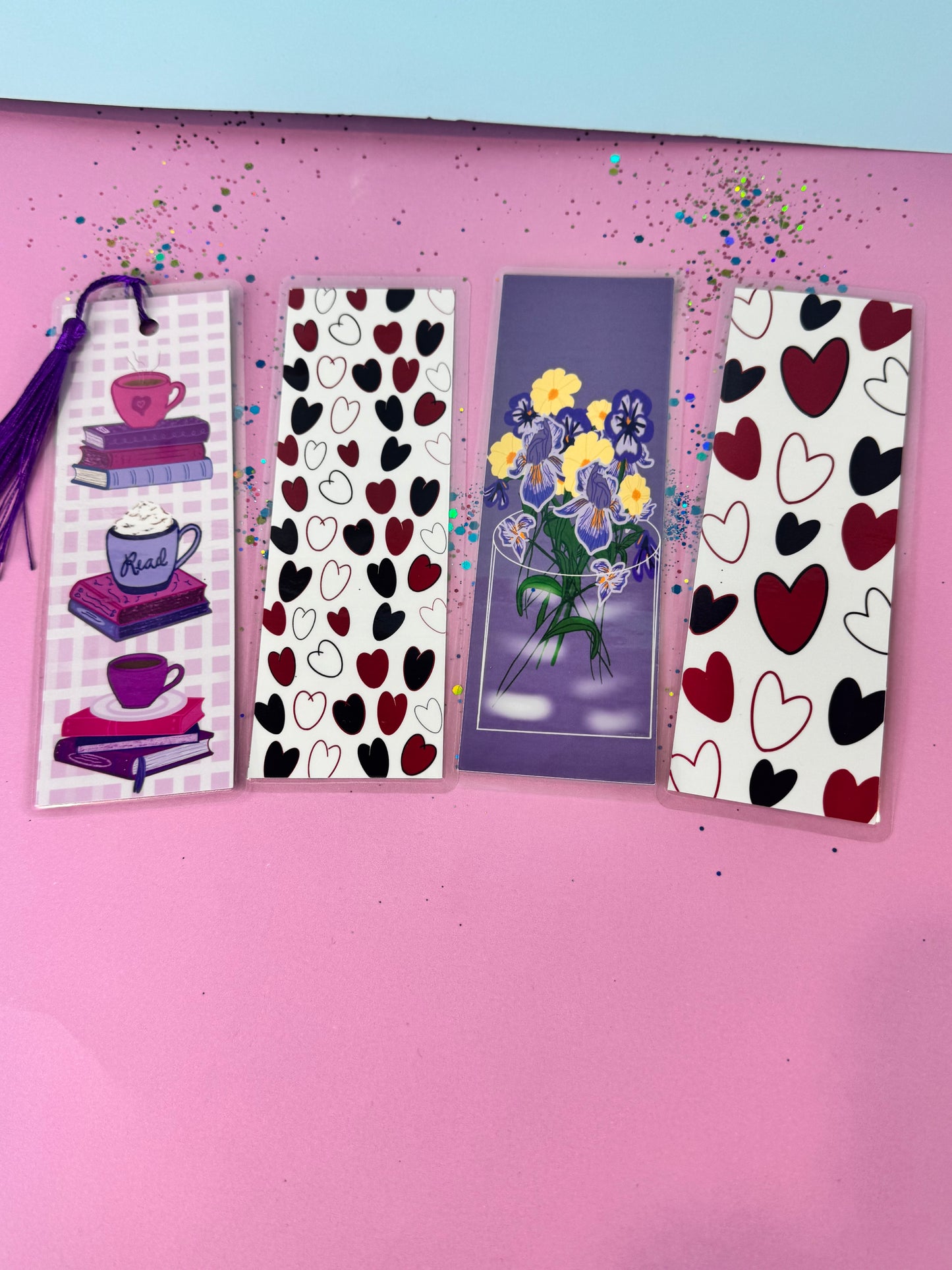 February Monthly Bookmarks - February Birth Flowers - Books and Coffee - Red and Black Hearts - Set of 4