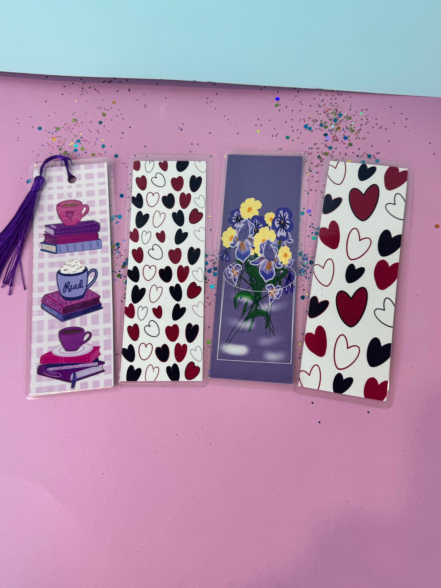 February Monthly Bookmarks - February Birth Flowers - Books and Coffee - Red and Black Hearts - Set of 4