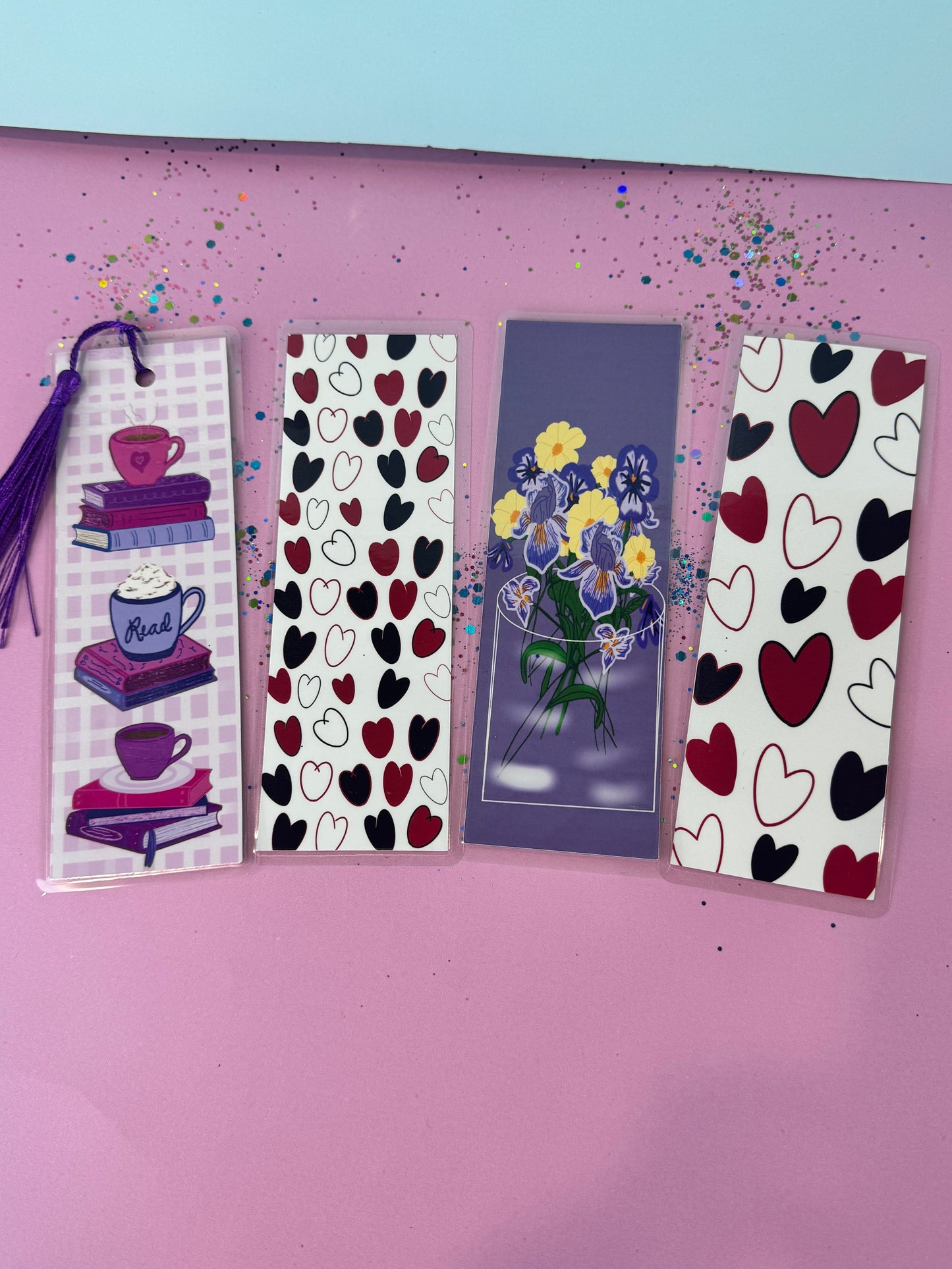 February Monthly Bookmarks - February Birth Flowers - Books and Coffee - Red and Black Hearts - Set of 4