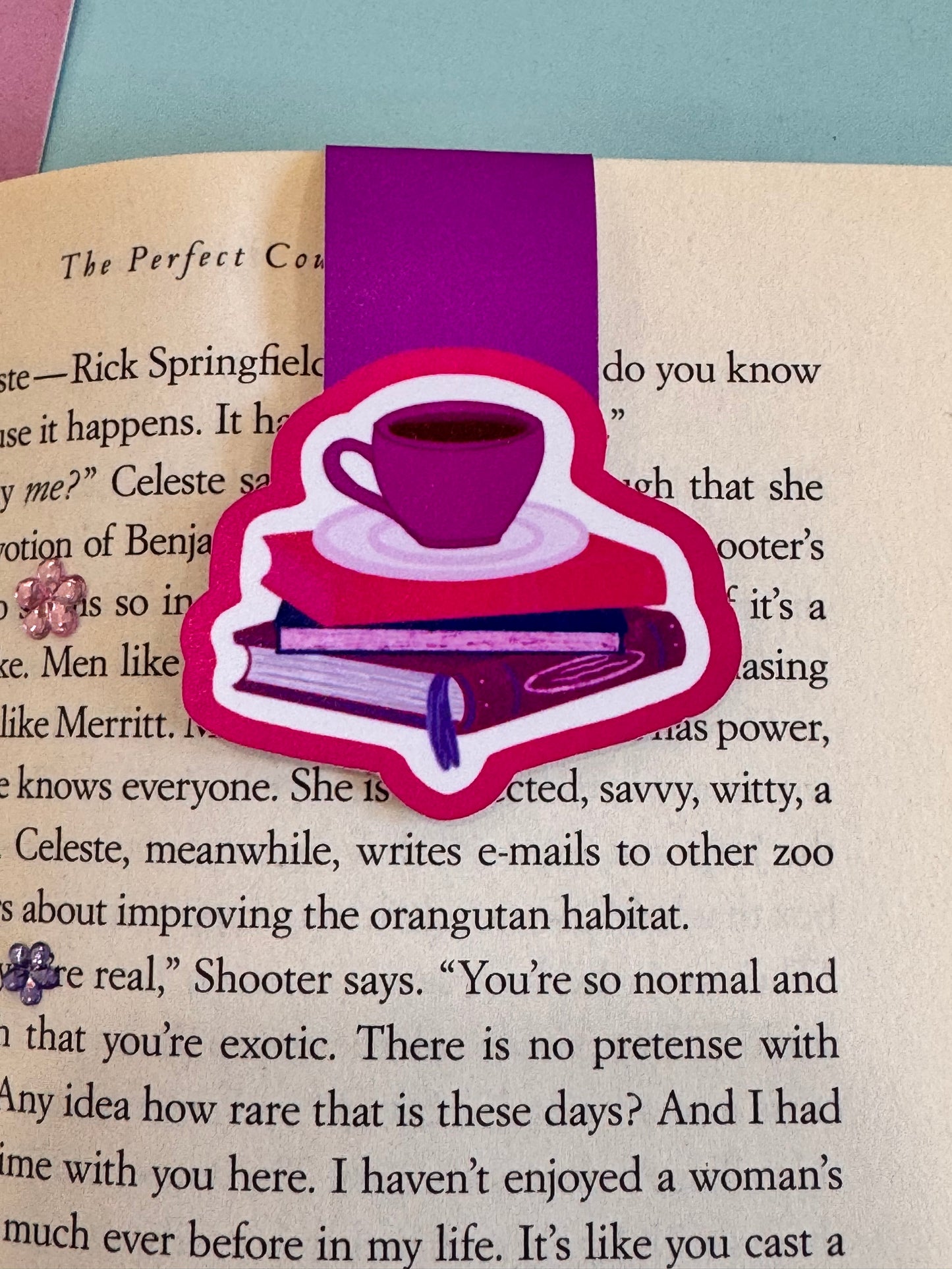 Pretty Bright Pink and Purple Magnetic Bookmark with Book Stack and Coffee