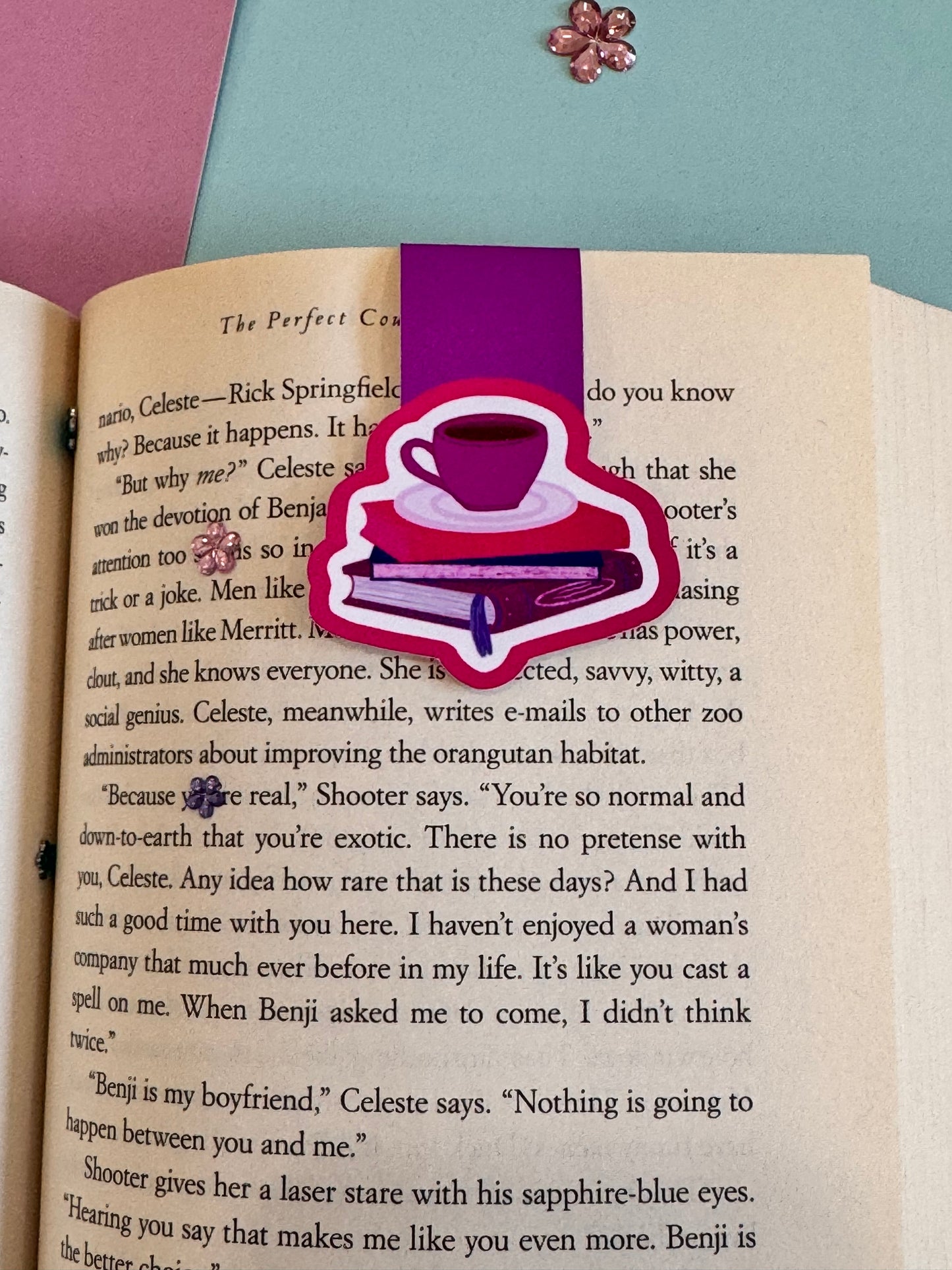 Pretty Bright Pink and Purple Magnetic Bookmark with Book Stack and Coffee