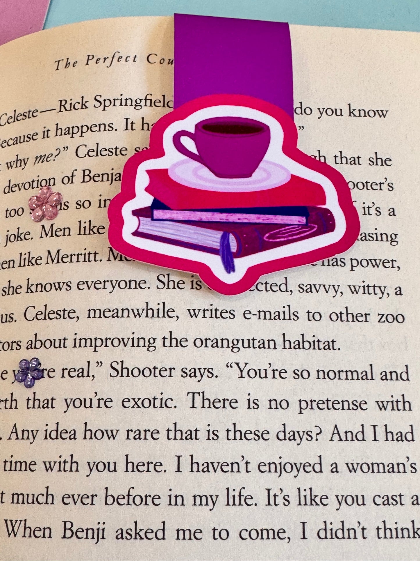 Pretty Bright Pink and Purple Magnetic Bookmark with Book Stack and Coffee
