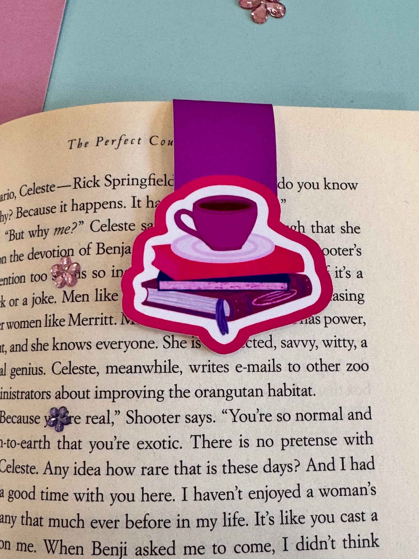 Pretty Bright Pink and Purple Magnetic Bookmark with Book Stack and Coffee