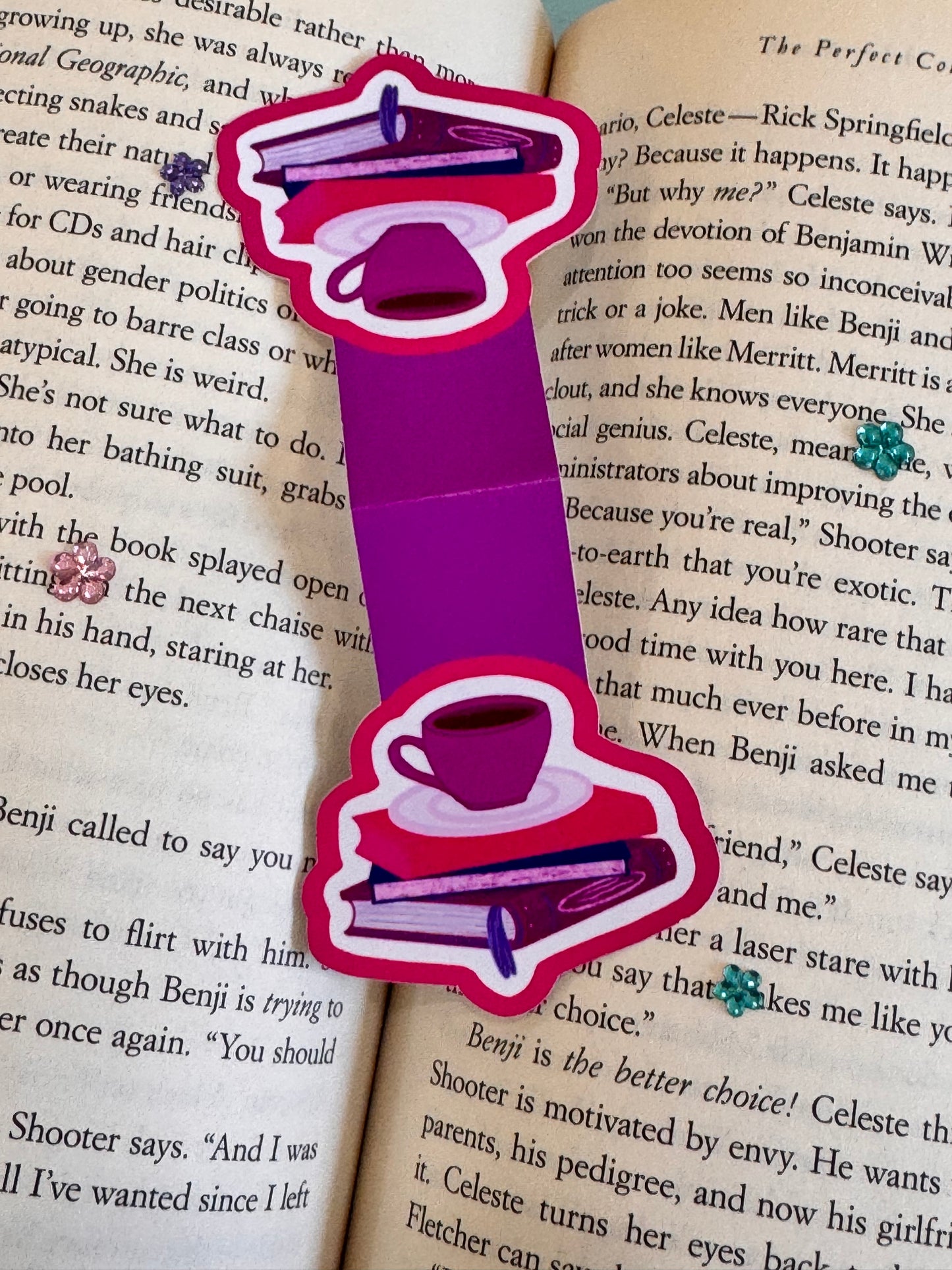 Pretty Bright Pink and Purple Magnetic Bookmark with Book Stack and Coffee