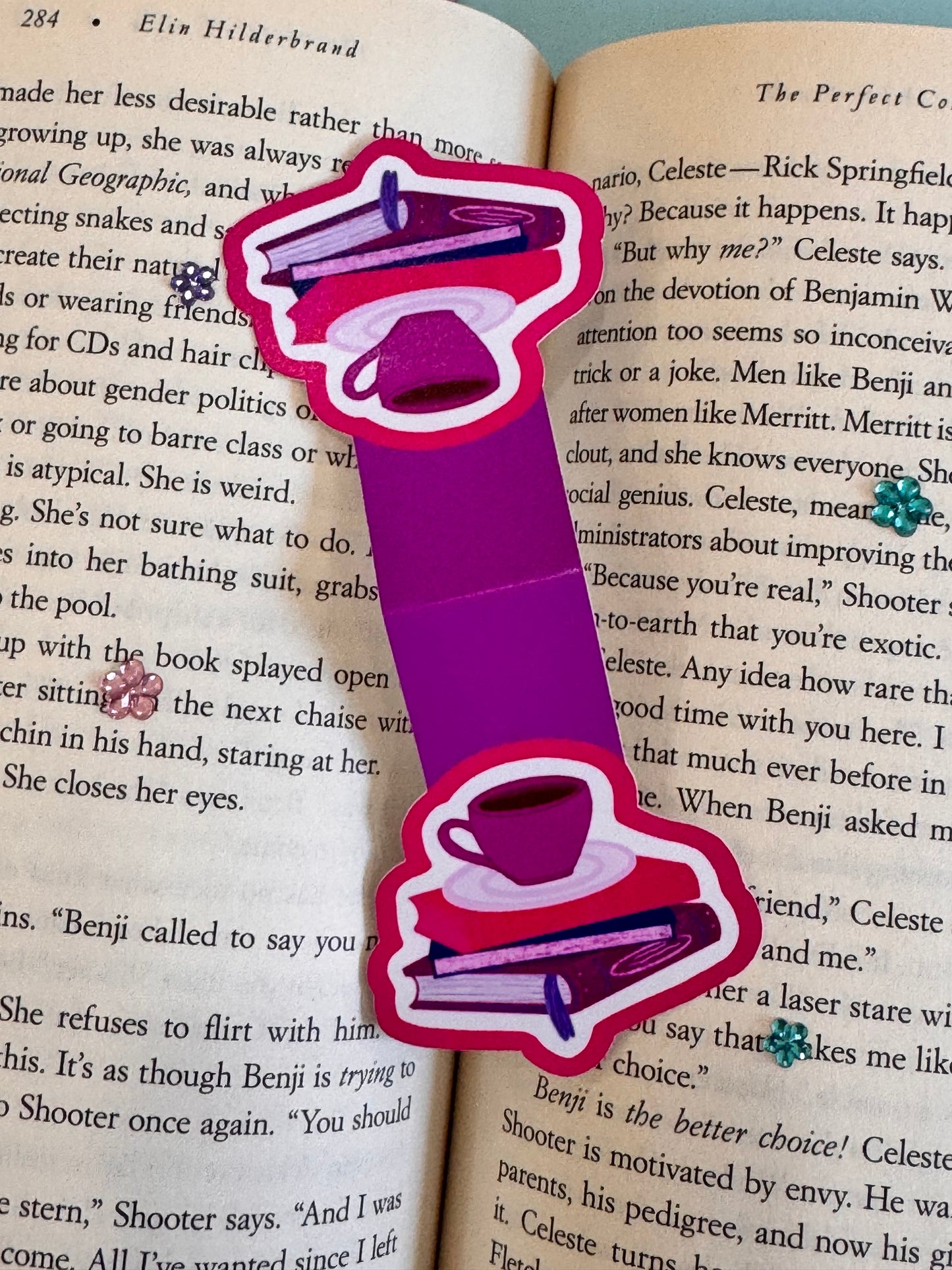 Pretty Bright Pink and Purple Magnetic Bookmark with Book Stack and Coffee