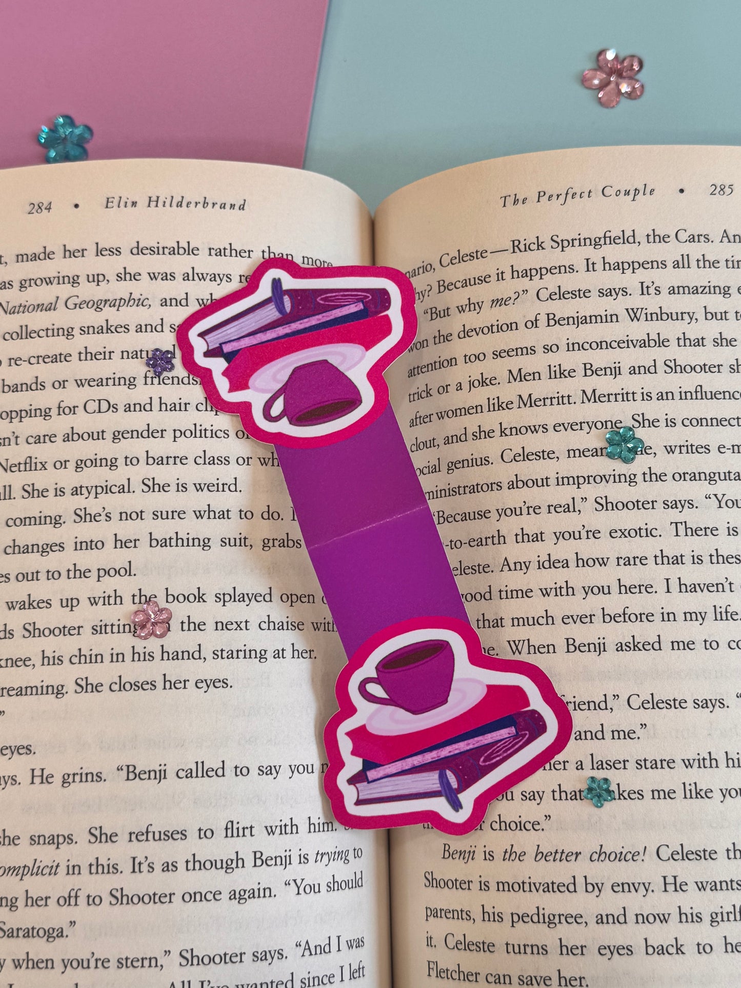 Pretty Bright Pink and Purple Magnetic Bookmark with Book Stack and Coffee