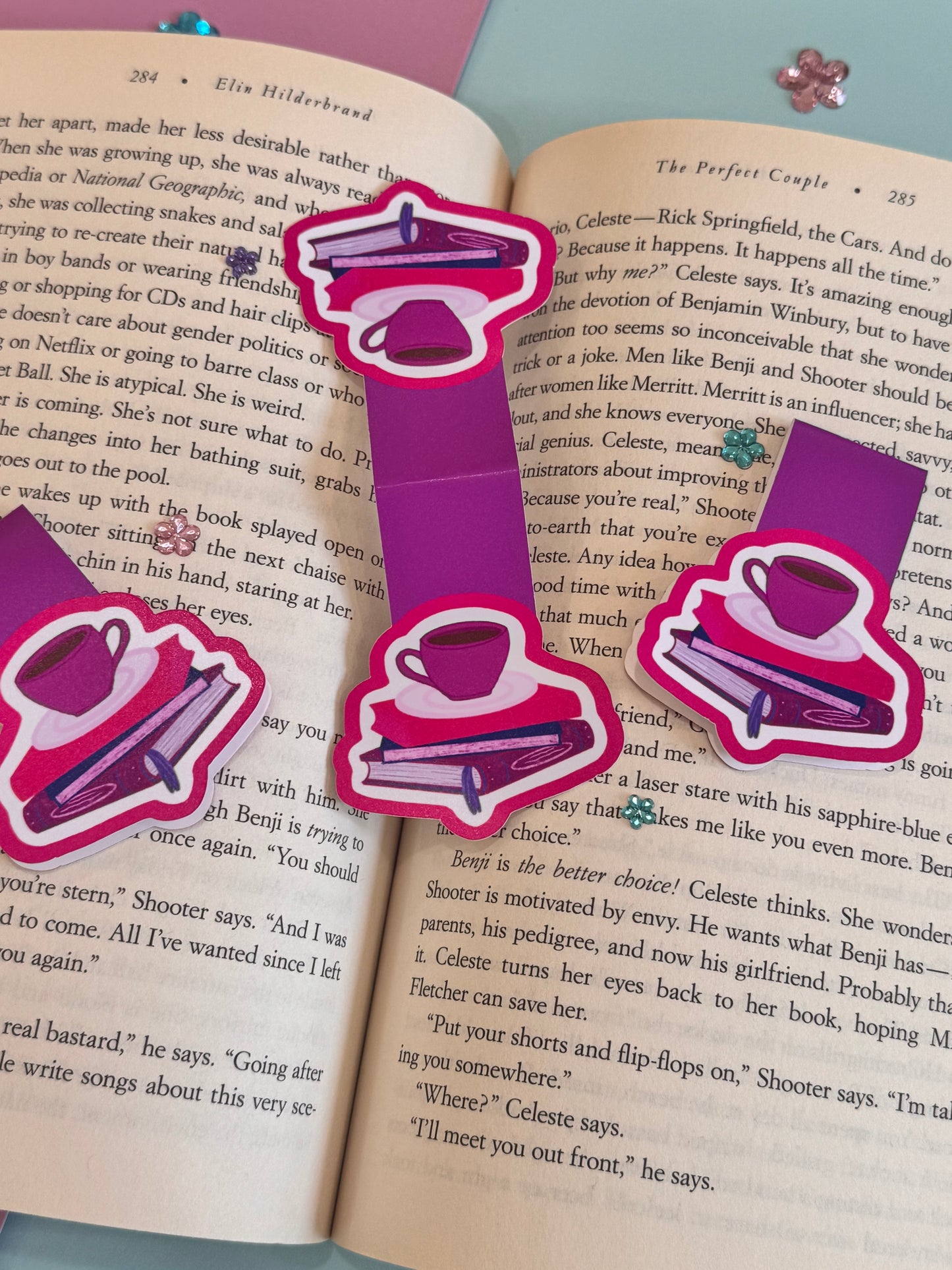 Pretty Bright Pink and Purple Magnetic Bookmark with Book Stack and Coffee