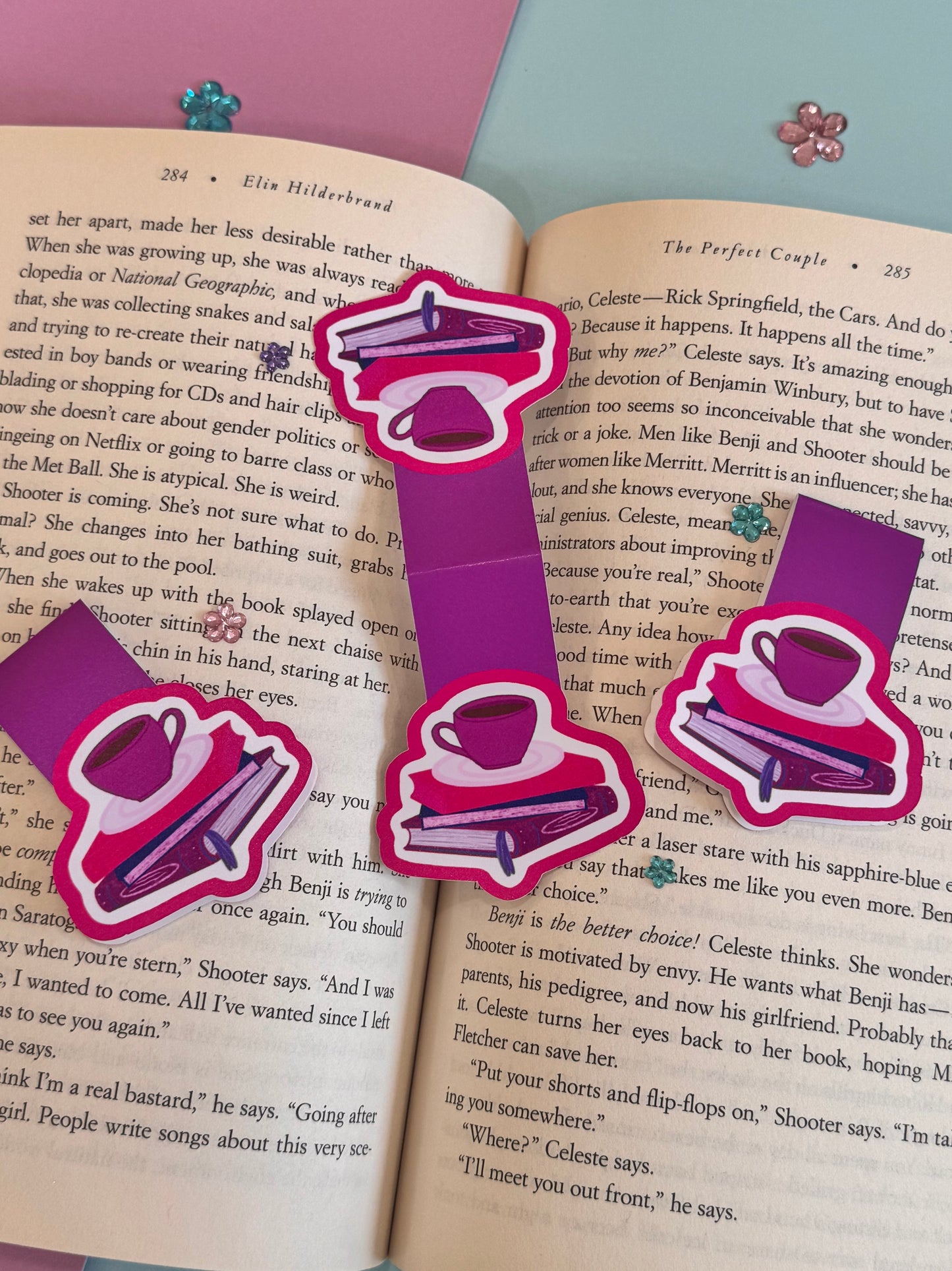 Pretty Bright Pink and Purple Magnetic Bookmark with Book Stack and Coffee