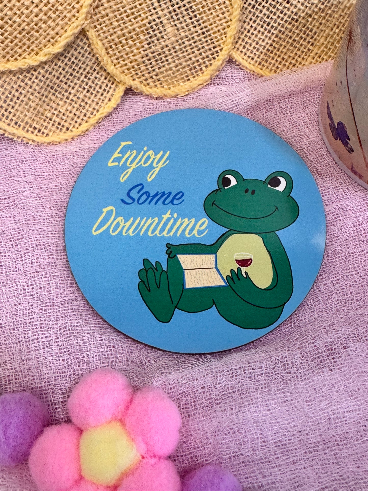 Frog Coasters, Spring and Summertime Decor, Frog Reading and Drinking Wine Cute Tableware, Cup Mat