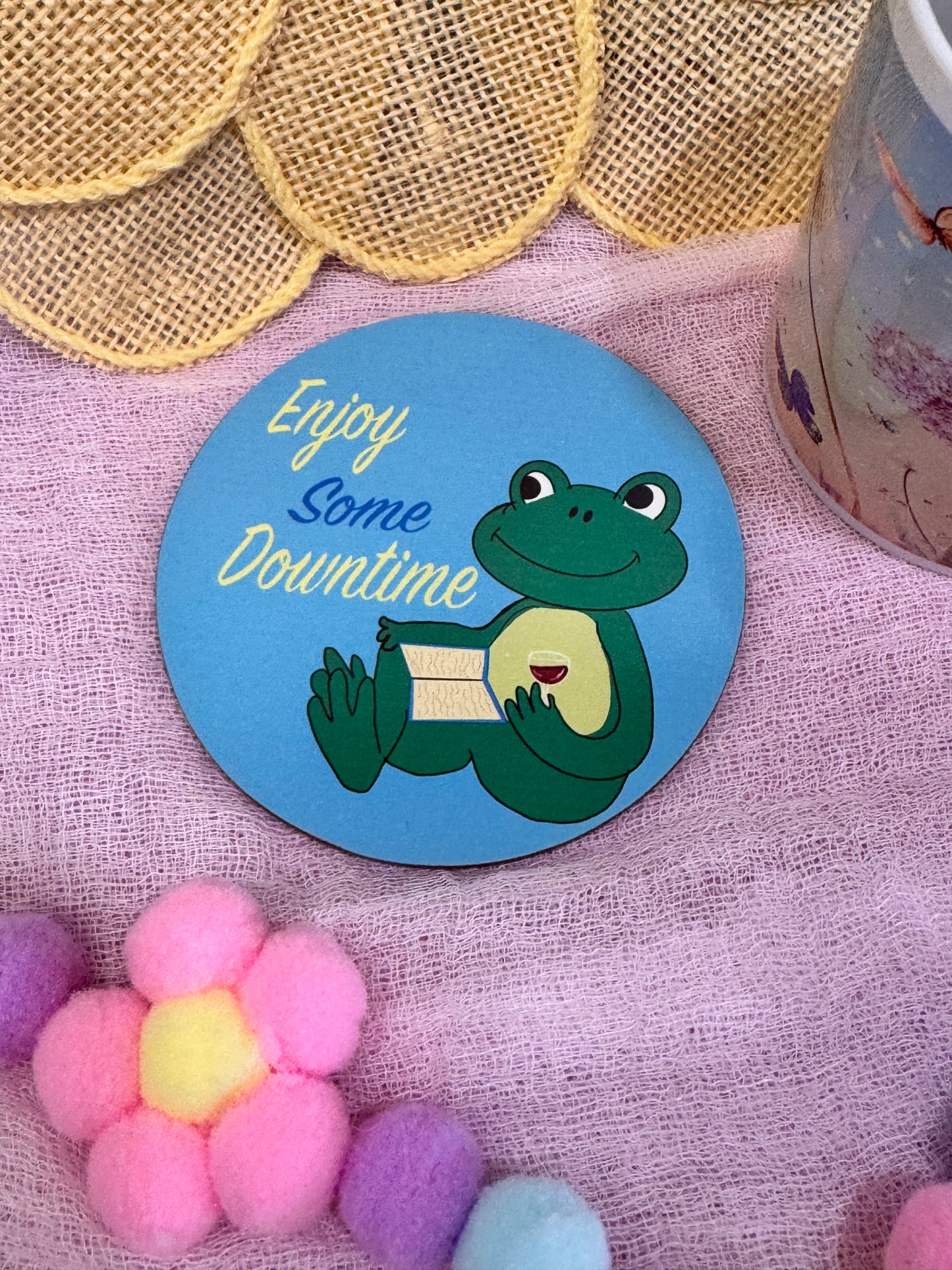 Frog Coasters, Spring and Summertime Decor, Frog Reading and Drinking Wine Cute Tableware, Cup Mat