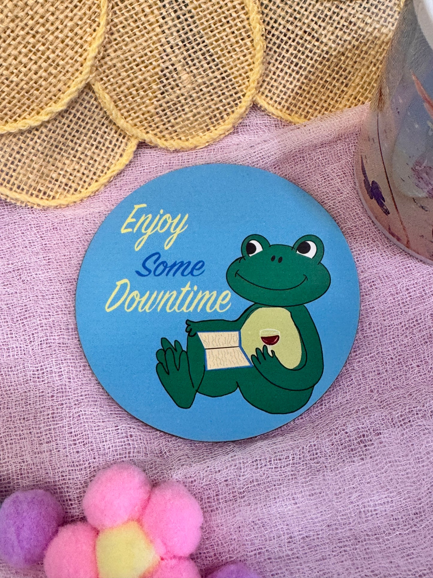 Frog Coasters, Spring and Summertime Decor, Frog Reading and Drinking Wine Cute Tableware, Cup Mat