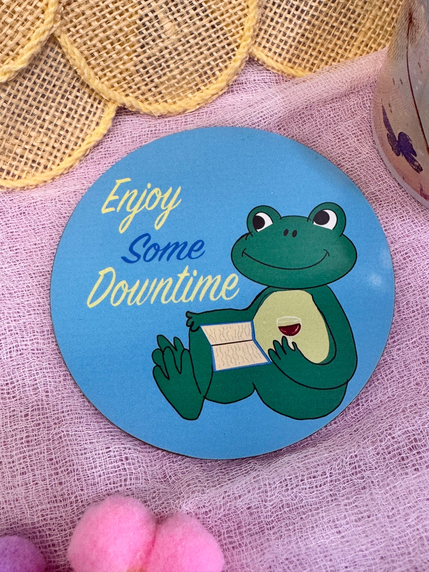 Frog Coasters, Spring and Summertime Decor, Frog Reading and Drinking Wine Cute Tableware, Cup Mat