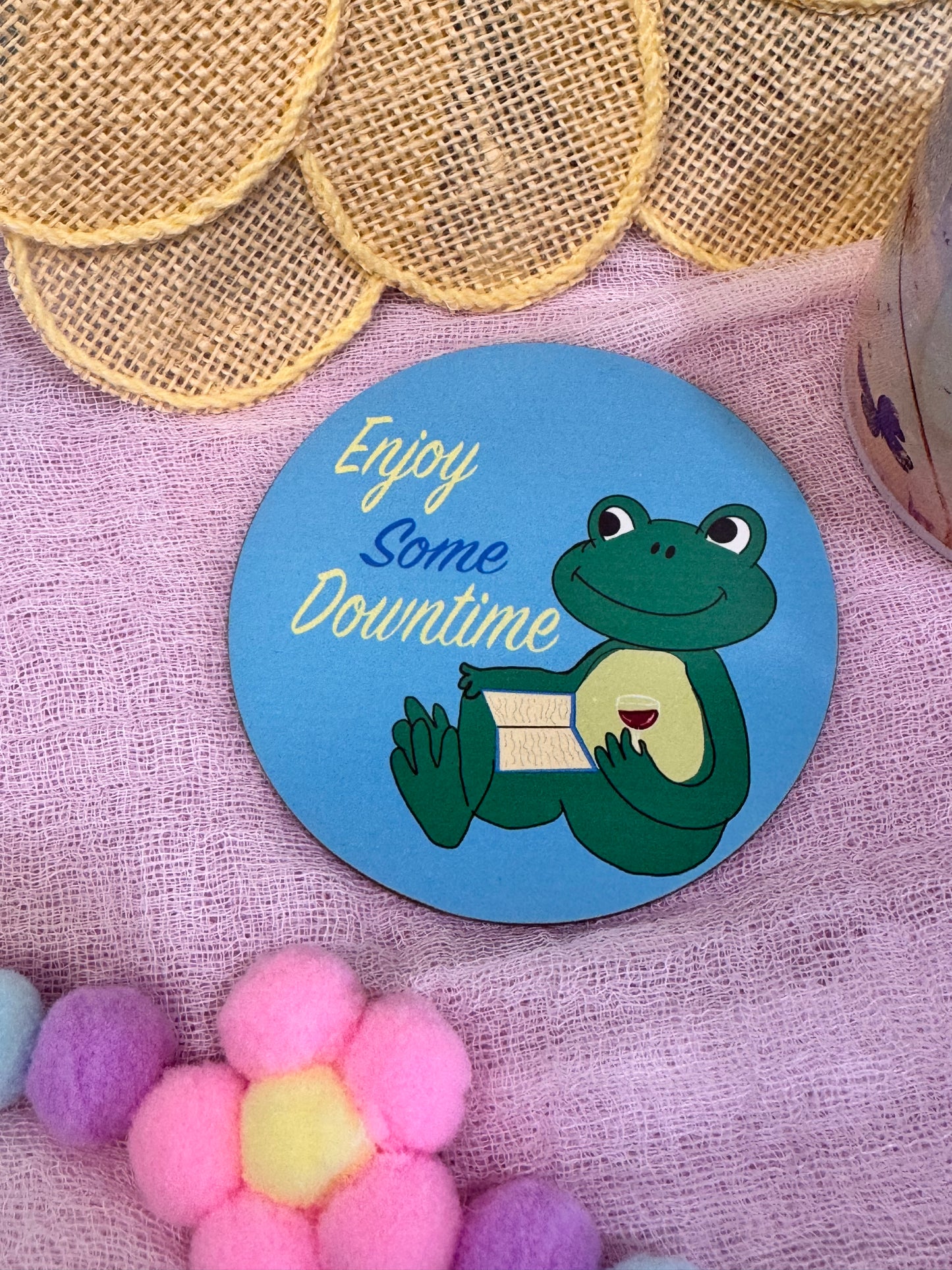 Frog Coasters, Spring and Summertime Decor, Frog Reading and Drinking Wine Cute Tableware, Cup Mat