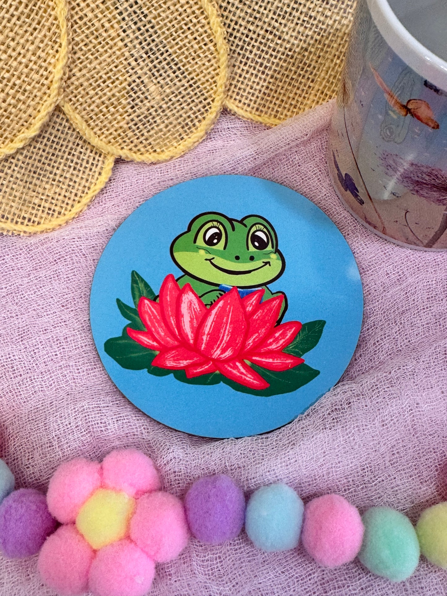 Frog Coasters, Spring and Summertime Decor, Frog Reading In A Lily Pad Cute Tableware, Cup Mat