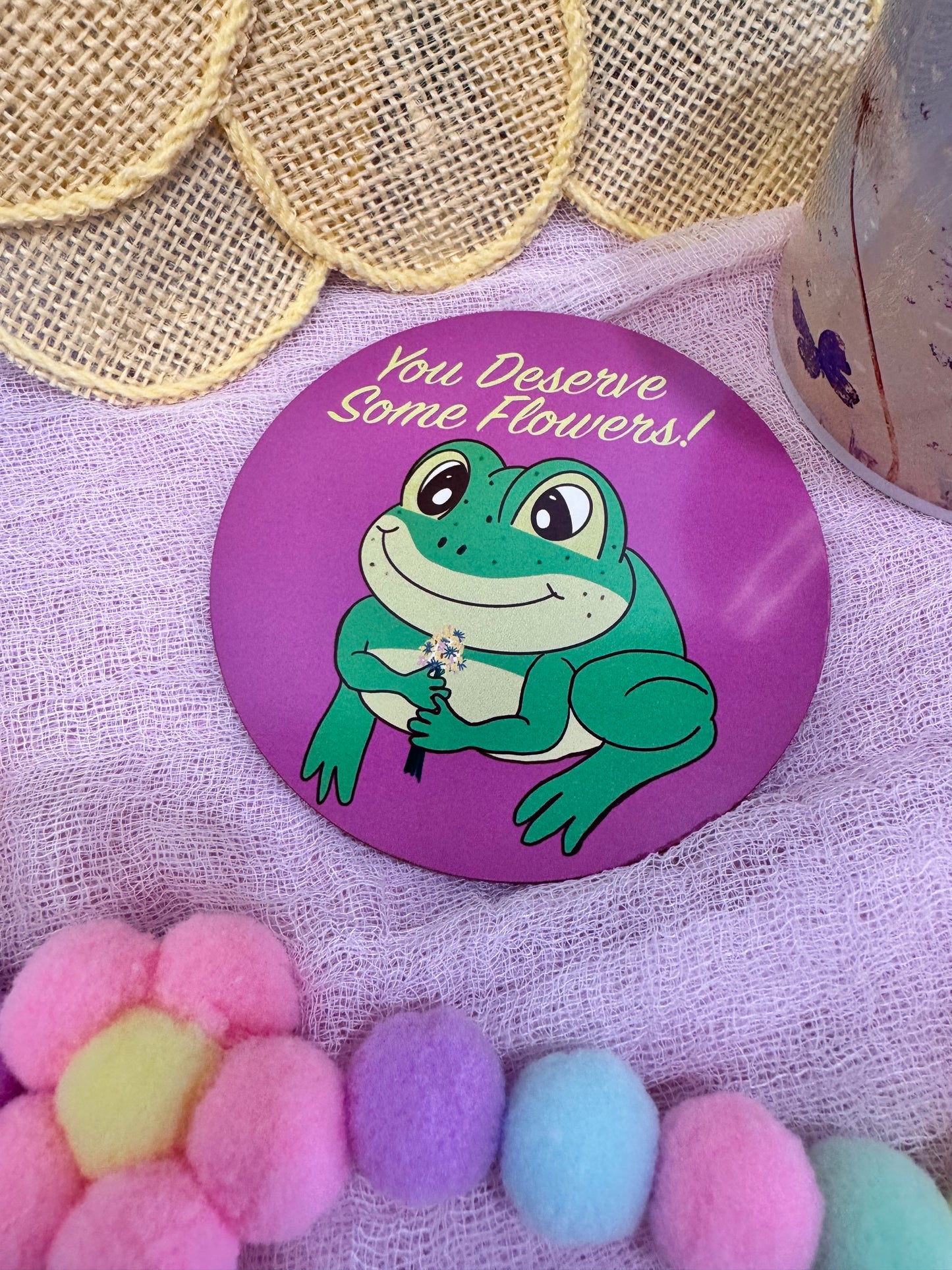 Frog Coasters, Spring and Summertime Decor, Frog With Flower Bouquet Cute Tableware, Cup Mat, You Deserve Flowers