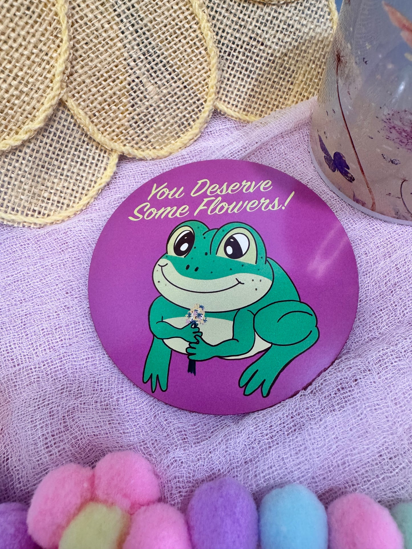 Frog Coasters, Spring and Summertime Decor, Frog With Flower Bouquet Cute Tableware, Cup Mat, You Deserve Flowers