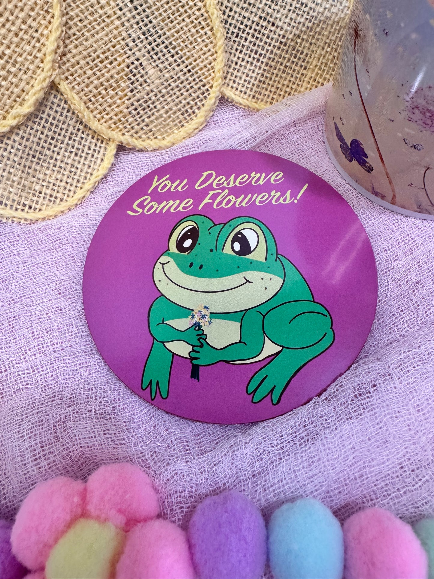 Frog Coasters, Spring and Summertime Decor, Frog With Flower Bouquet Cute Tableware, Cup Mat, You Deserve Flowers
