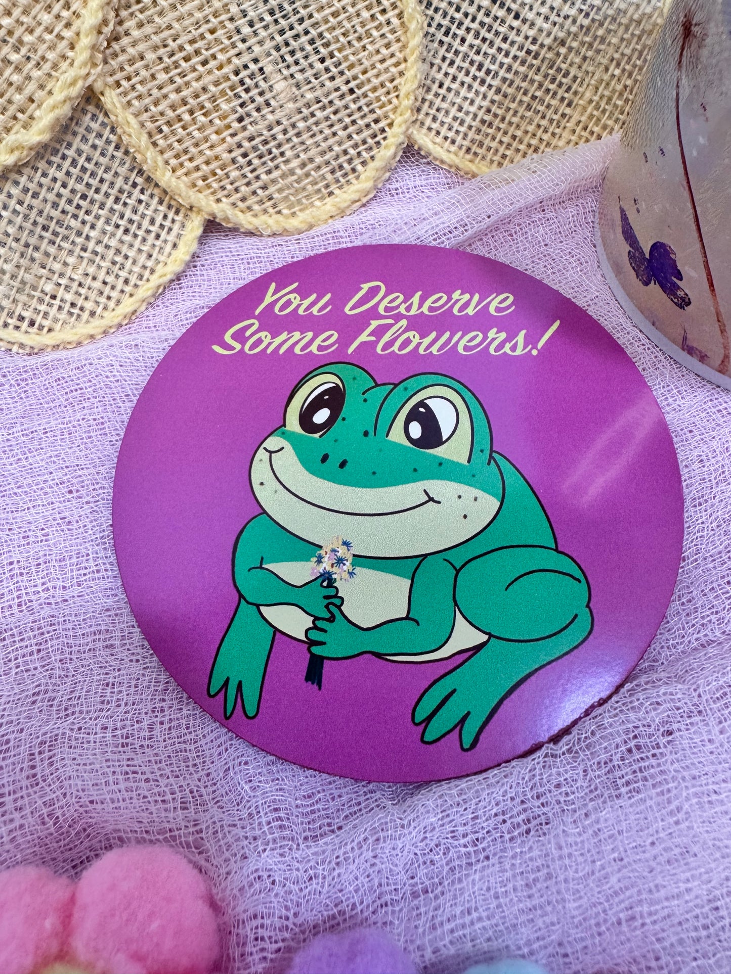 Frog Coasters, Spring and Summertime Decor, Frog With Flower Bouquet Cute Tableware, Cup Mat, You Deserve Flowers