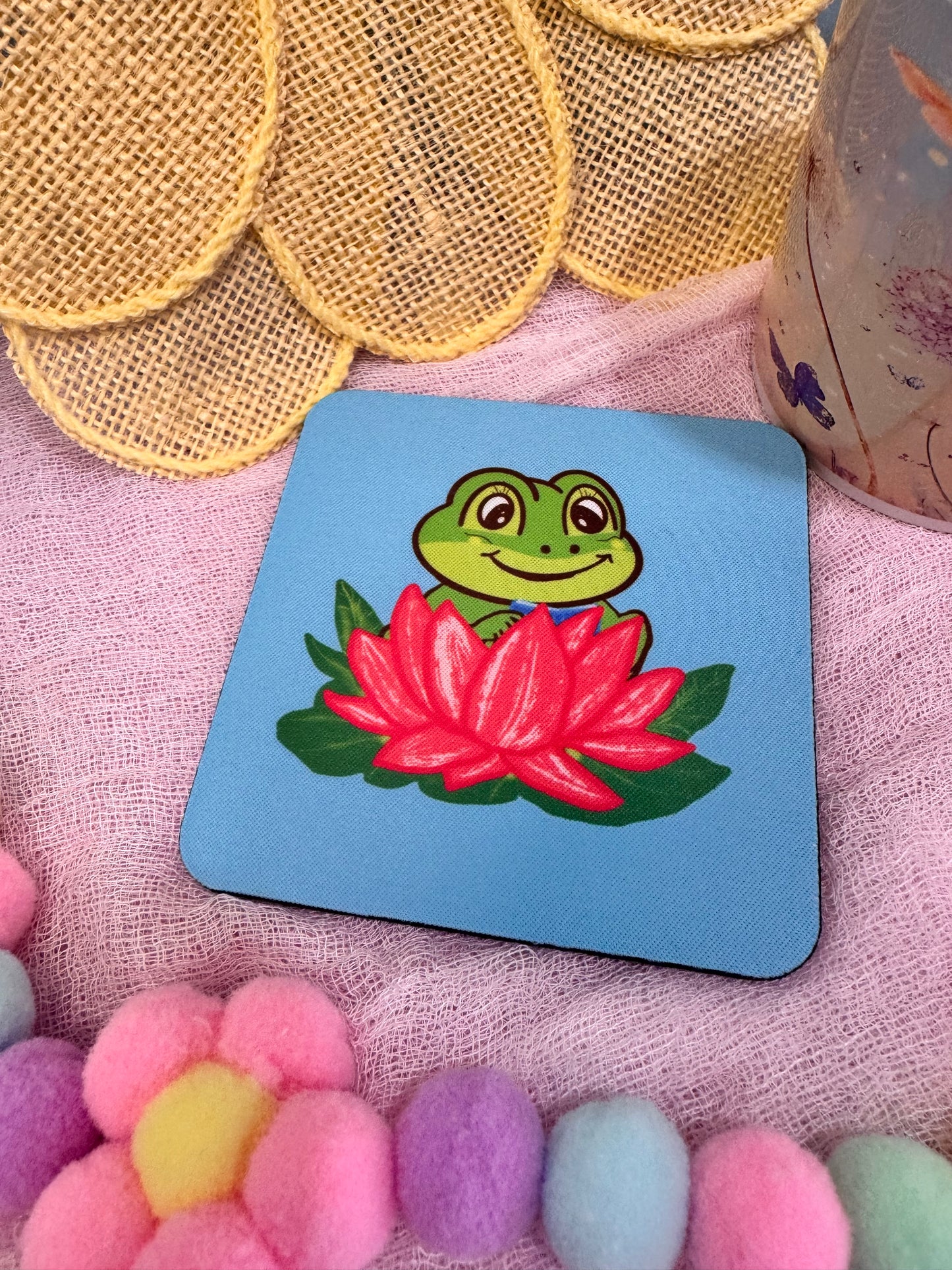 Frog Coasters, Spring and Summertime Decor, Frog Reading In A Lily Pad Cute Tableware, Cup Mat