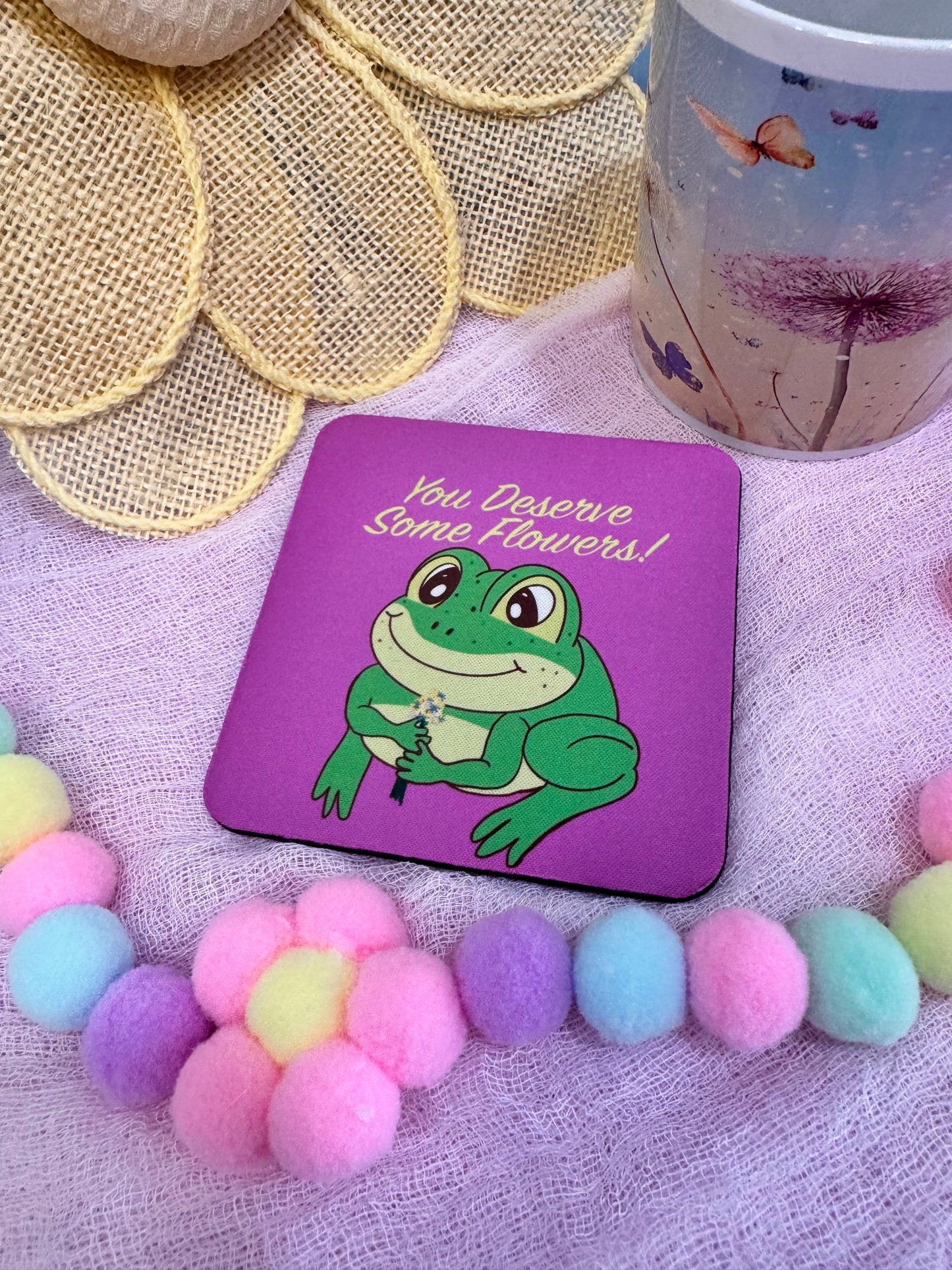 Frog Coasters, Spring and Summertime Decor, Frog With Flower Bouquet Cute Tableware, Cup Mat, You Deserve Flowers