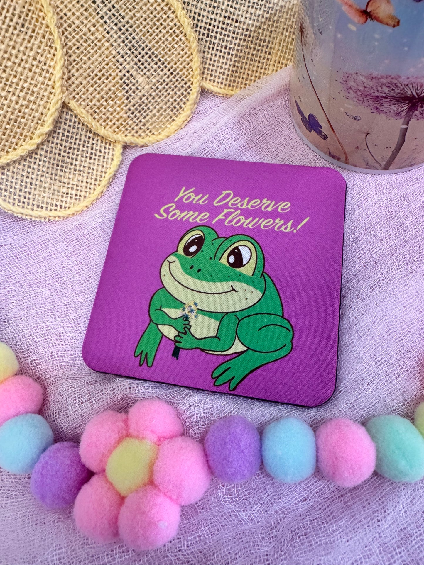 Frog Coasters, Spring and Summertime Decor, Frog With Flower Bouquet Cute Tableware, Cup Mat, You Deserve Flowers