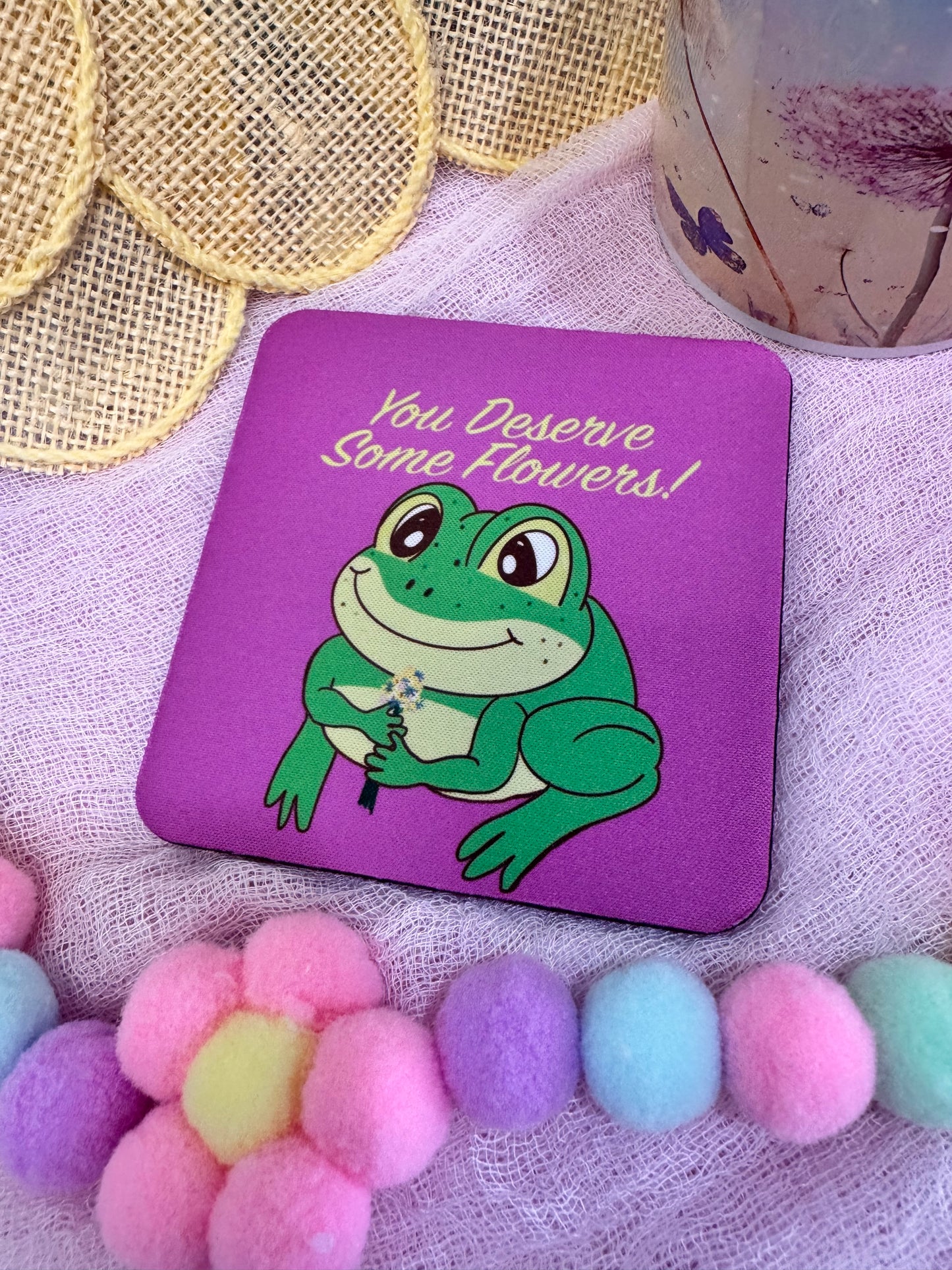 Frog Coasters, Spring and Summertime Decor, Frog With Flower Bouquet Cute Tableware, Cup Mat, You Deserve Flowers