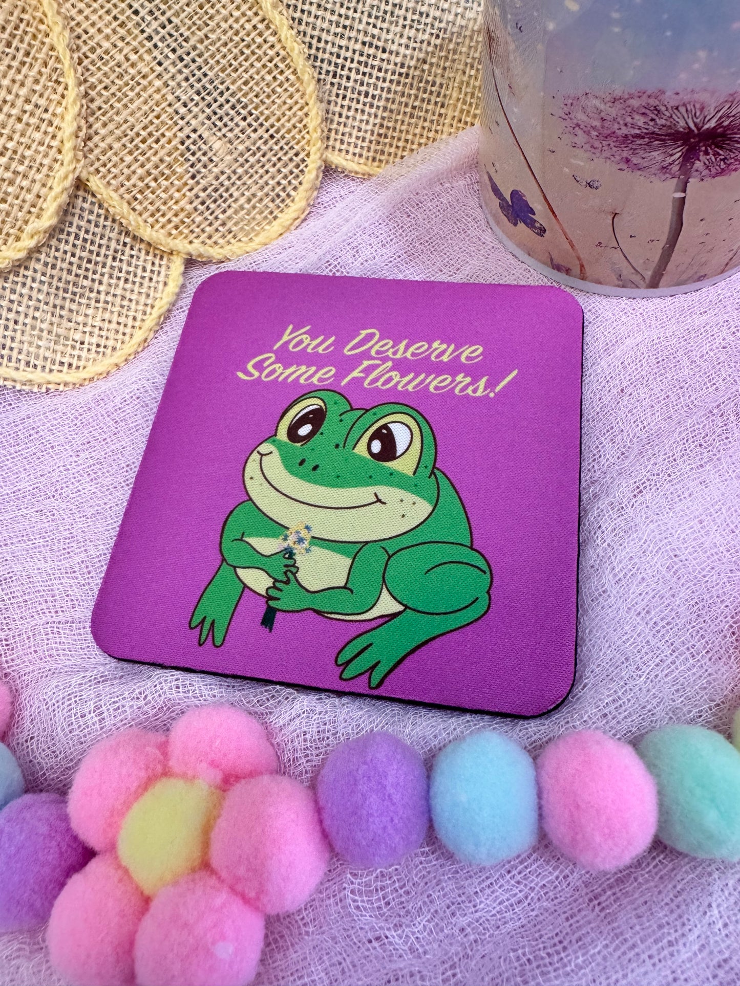 Frog Coasters, Spring and Summertime Decor, Frog With Flower Bouquet Cute Tableware, Cup Mat, You Deserve Flowers
