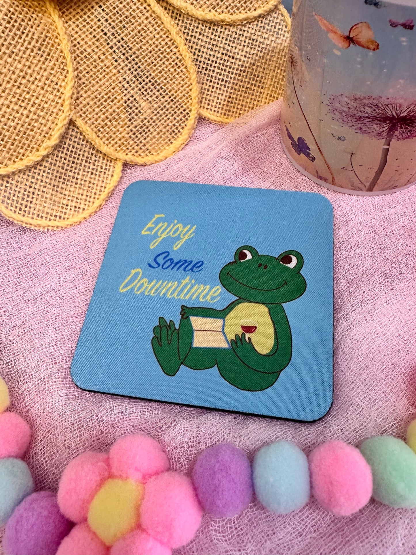 Frog Coasters, Spring and Summertime Decor, Frog Reading and Drinking Wine Cute Tableware, Cup Mat