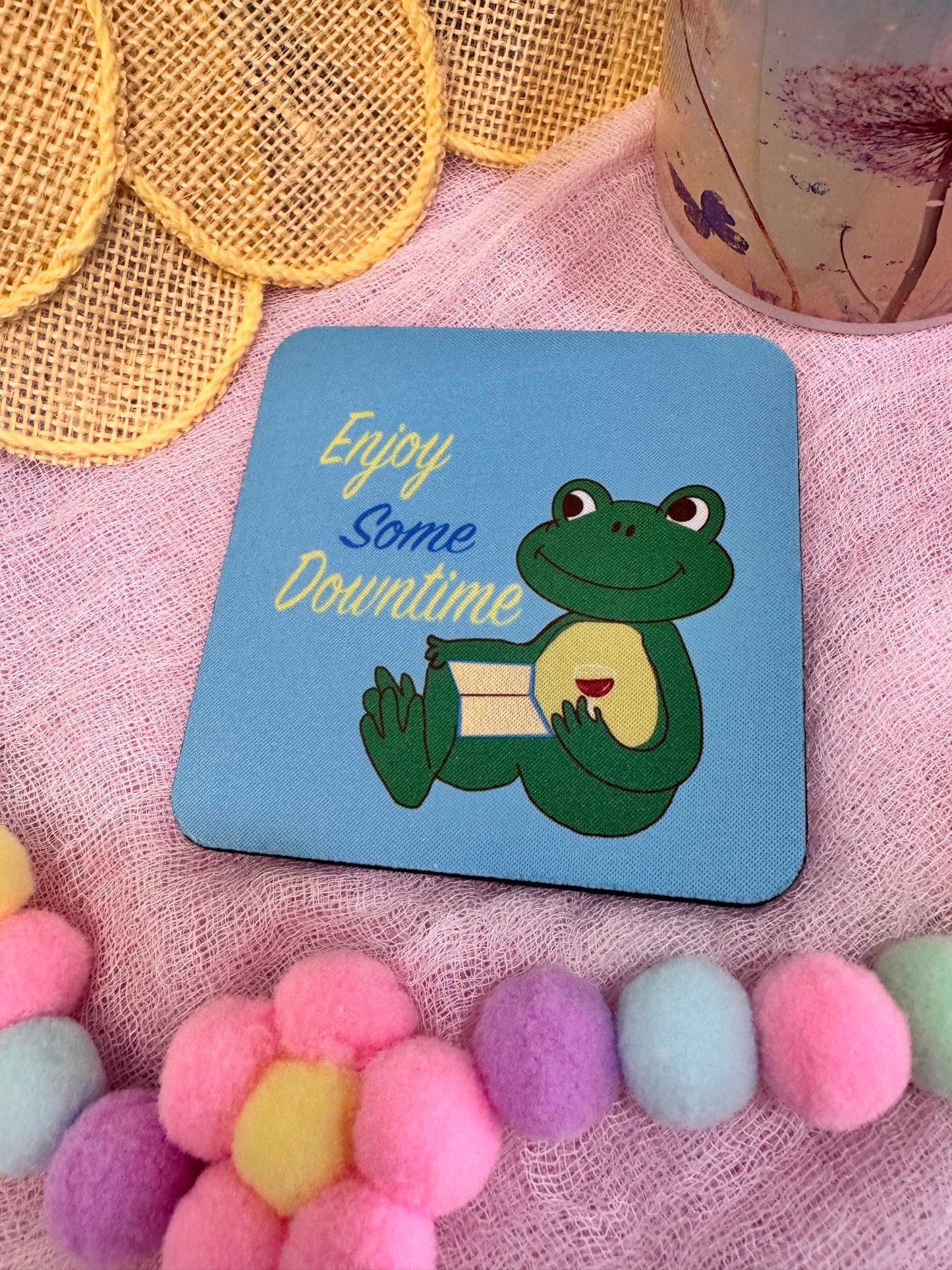 Frog Coasters, Spring and Summertime Decor, Frog Reading and Drinking Wine Cute Tableware, Cup Mat