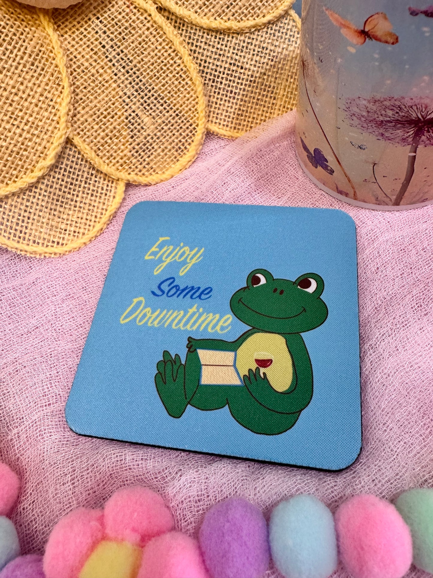 Frog Coasters, Spring and Summertime Decor, Frog Reading and Drinking Wine Cute Tableware, Cup Mat