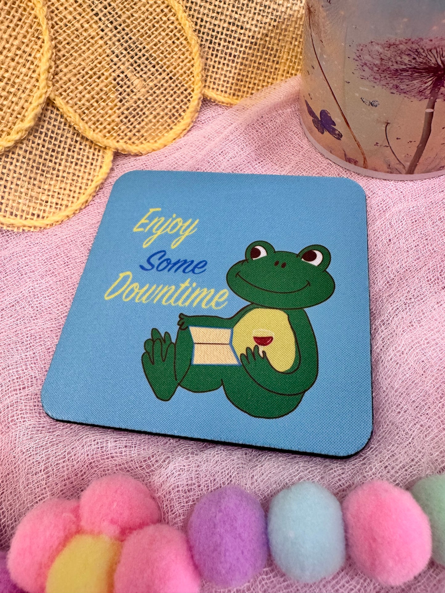 Frog Coasters, Spring and Summertime Decor, Frog Reading and Drinking Wine Cute Tableware, Cup Mat