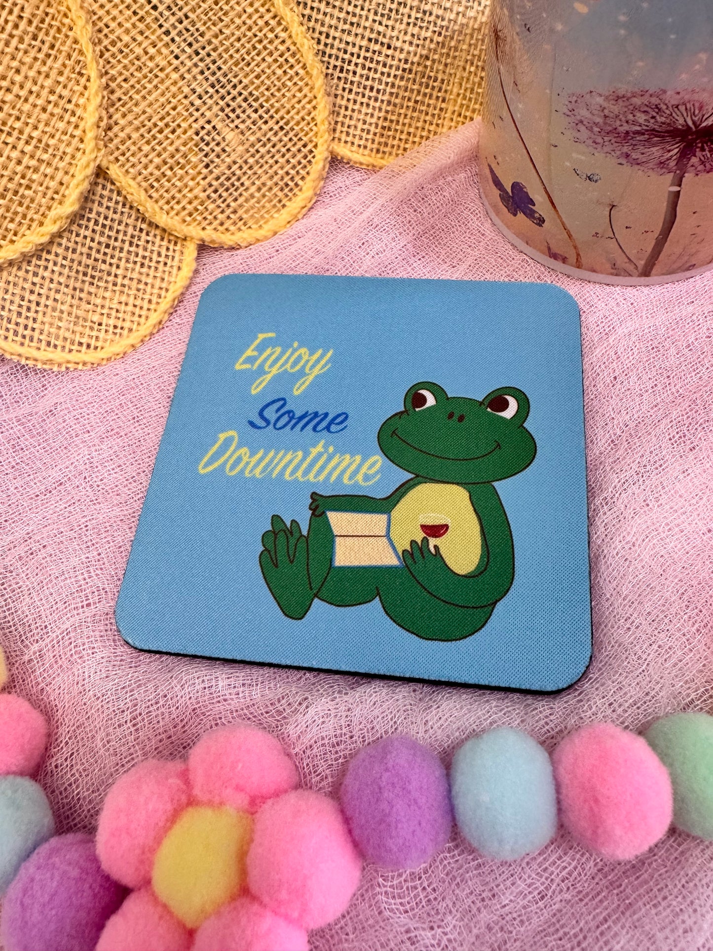Frog Coasters, Spring and Summertime Decor, Frog Reading and Drinking Wine Cute Tableware, Cup Mat