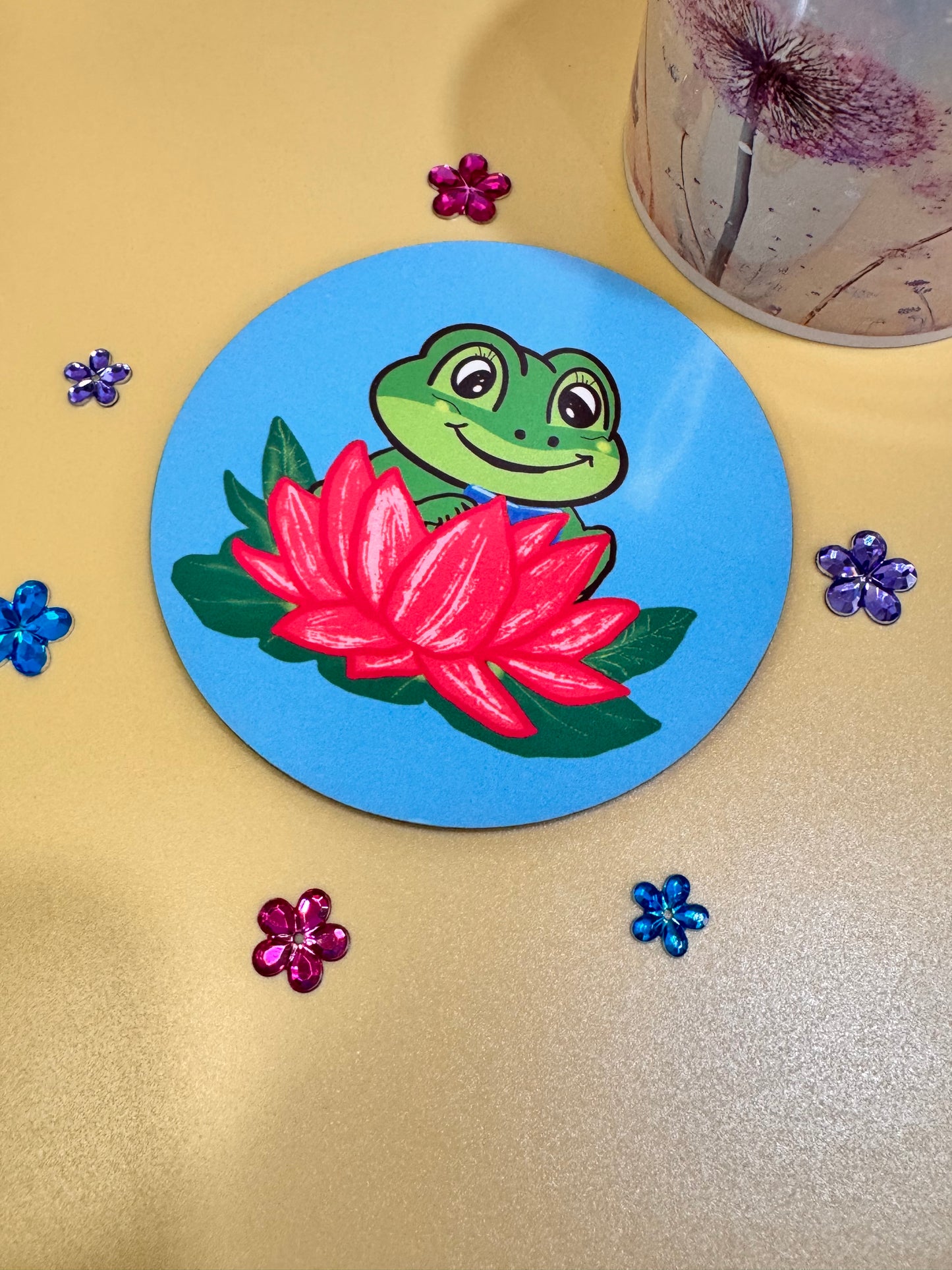 Frog Coasters, Spring and Summertime Decor, Frog Reading In A Lily Pad Cute Tableware, Cup Mat