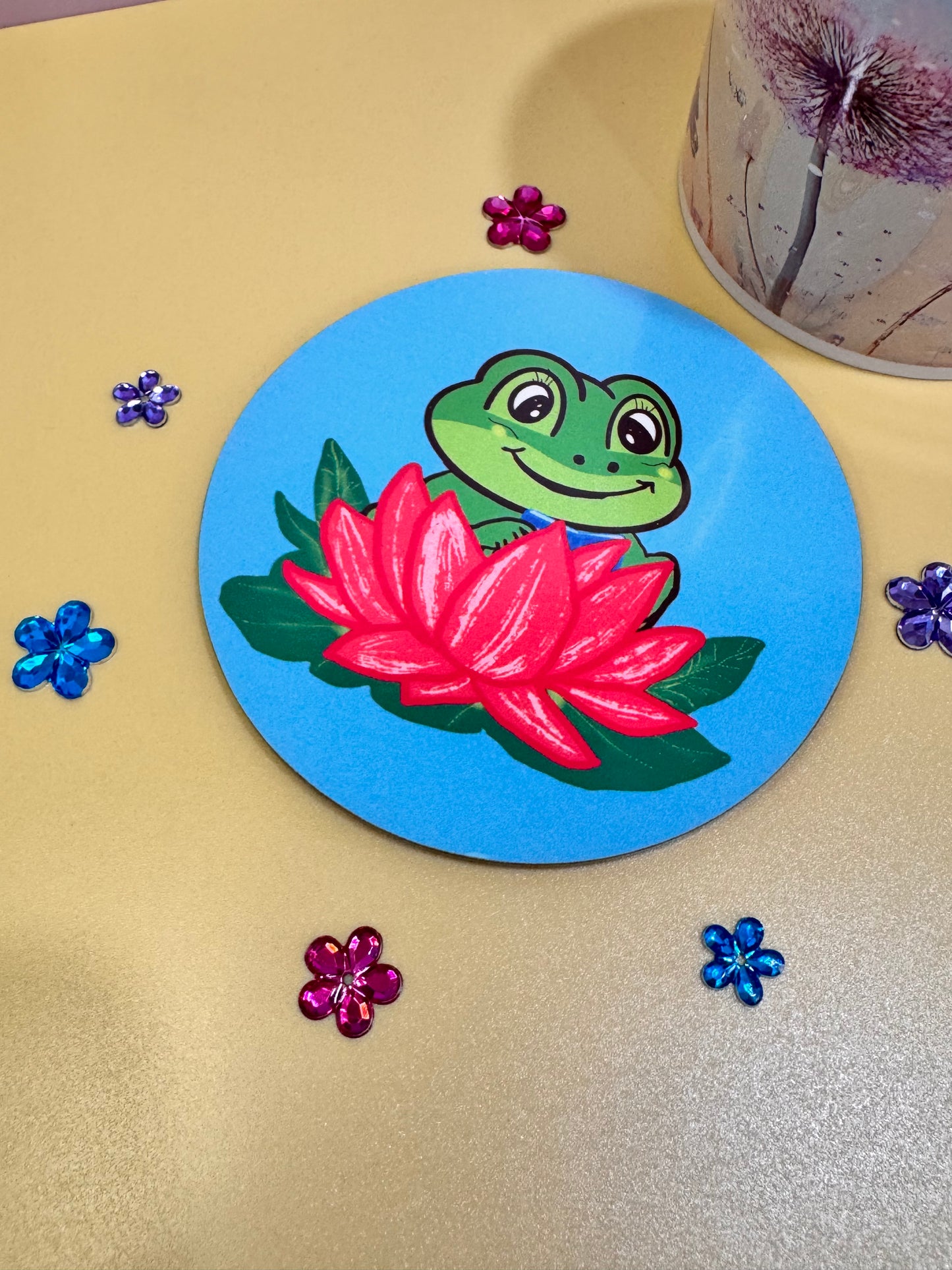 Frog Coasters, Spring and Summertime Decor, Frog Reading In A Lily Pad Cute Tableware, Cup Mat
