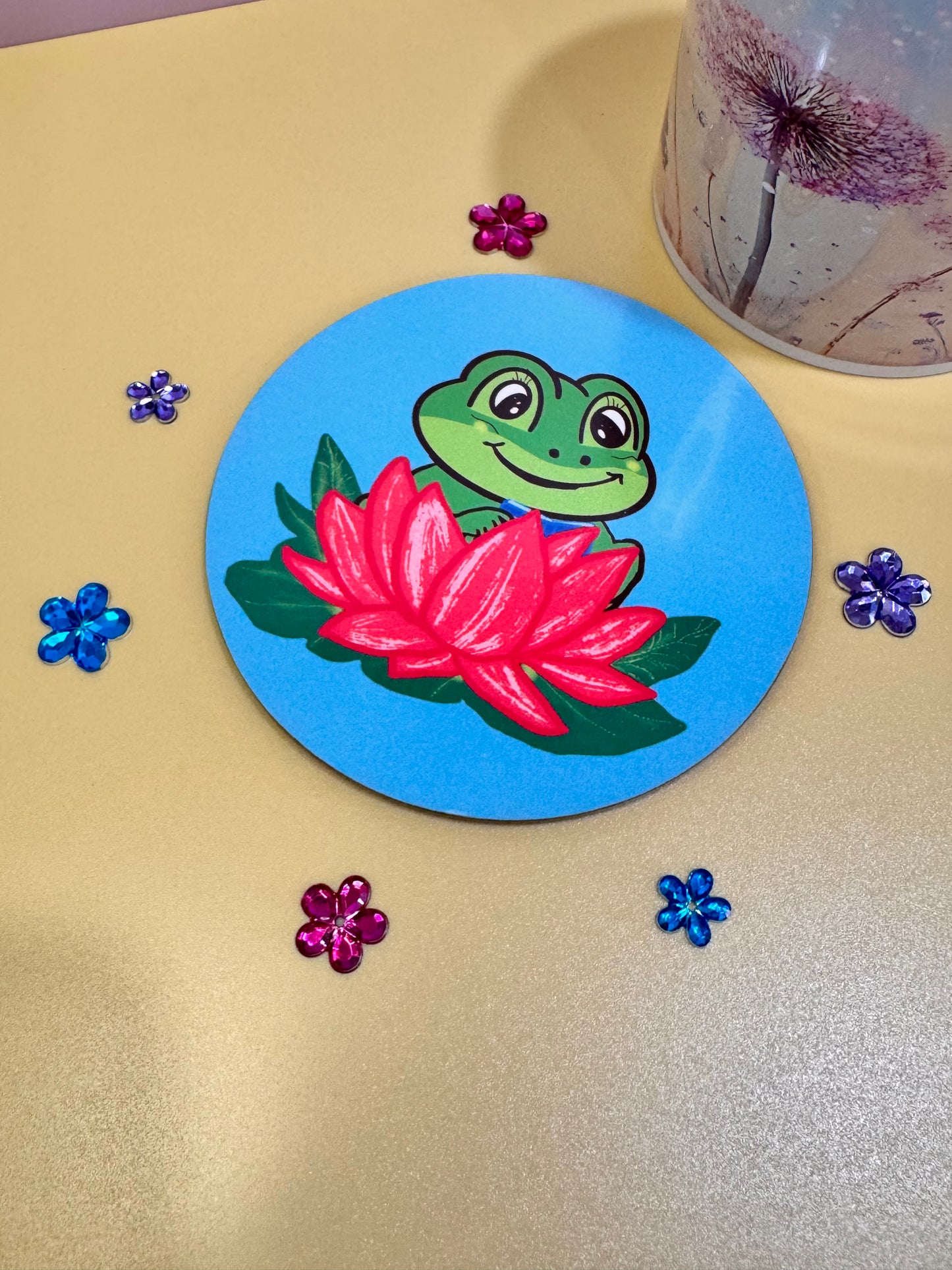 Frog Coasters, Spring and Summertime Decor, Frog Reading In A Lily Pad Cute Tableware, Cup Mat