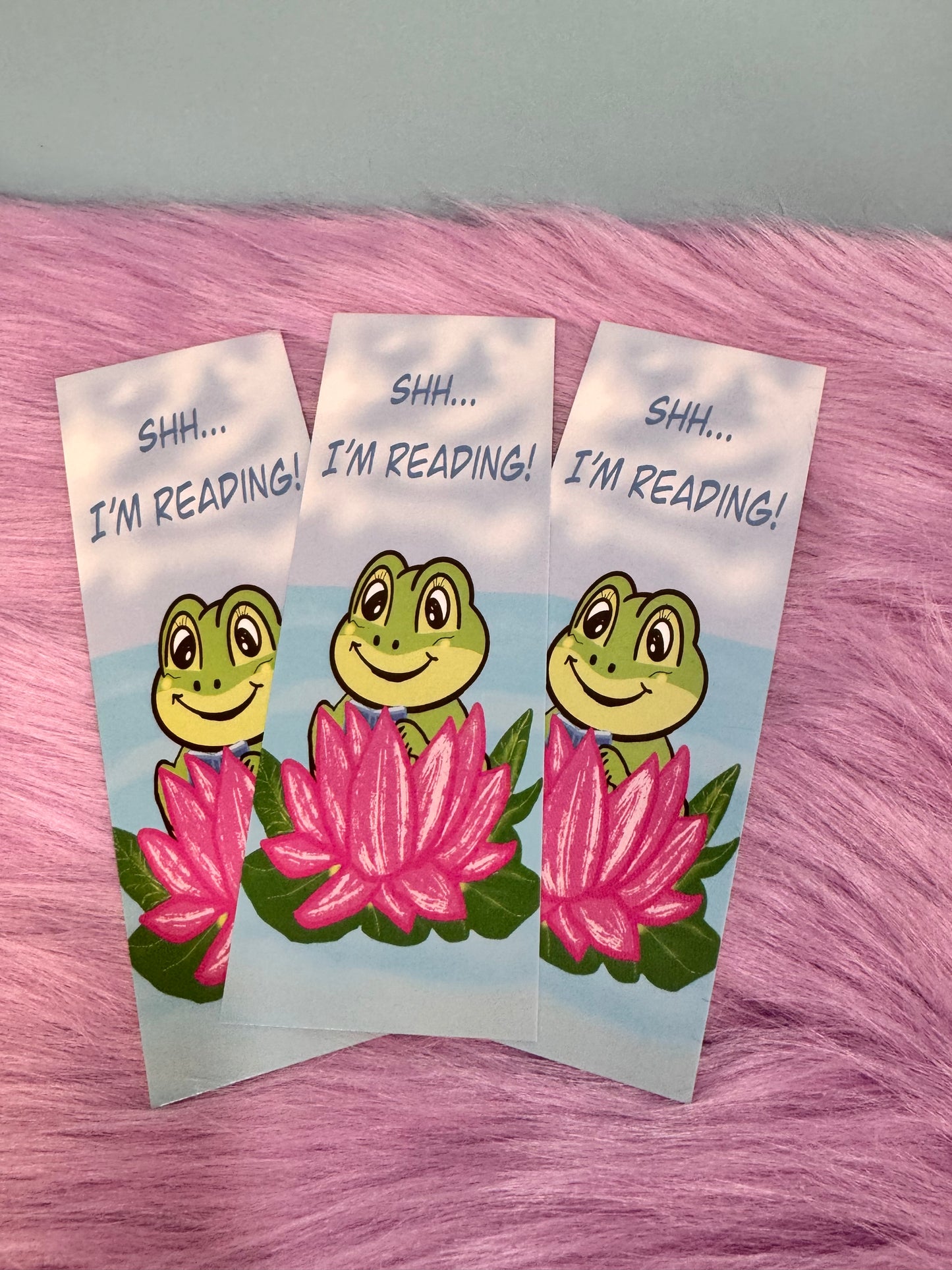 SHH I'm Reading Froggy Bookmark, Adorable Frog In A Pink Lily Pad, Hand Drawn Frog Theme