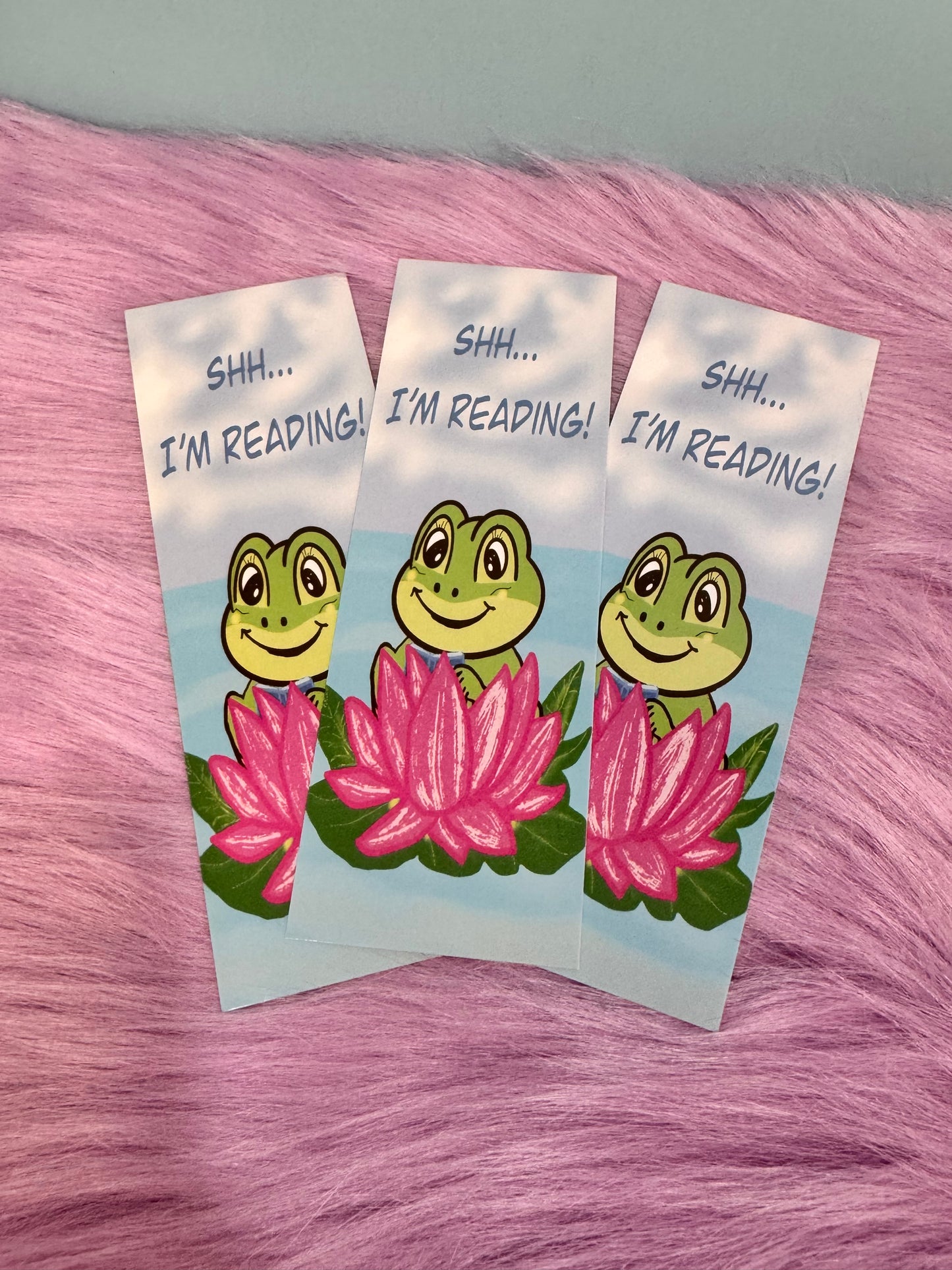SHH I'm Reading Froggy Bookmark, Adorable Frog In A Pink Lily Pad, Hand Drawn Frog Theme