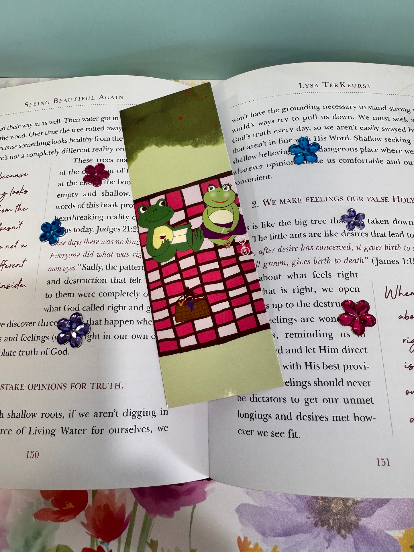 Boyfriend and Girlfriend Bookmark, Frogs On A Picnic Date, Hand Drawn Page Saver