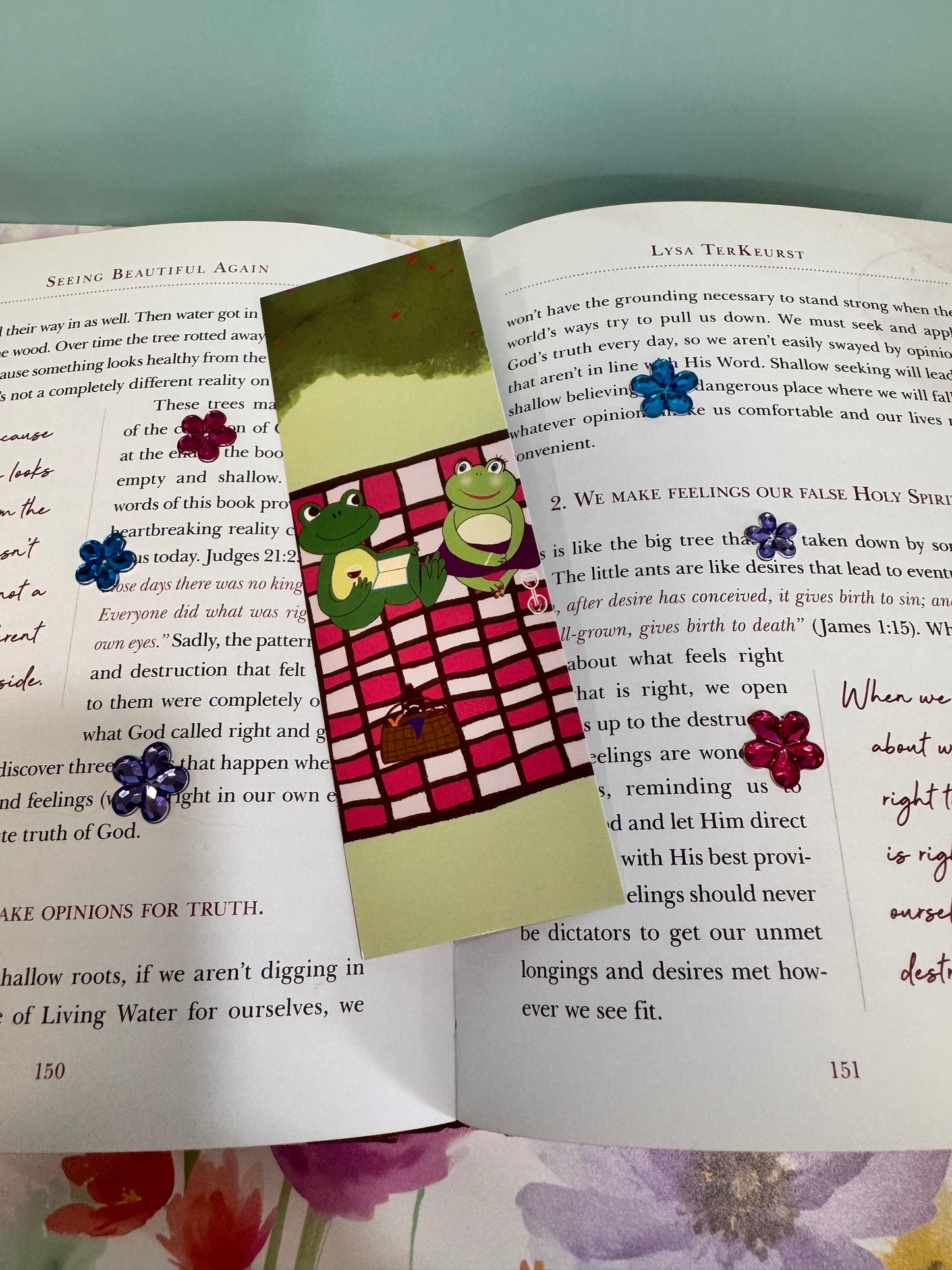 Boyfriend and Girlfriend Bookmark, Frogs On A Picnic Date, Hand Drawn Page Saver